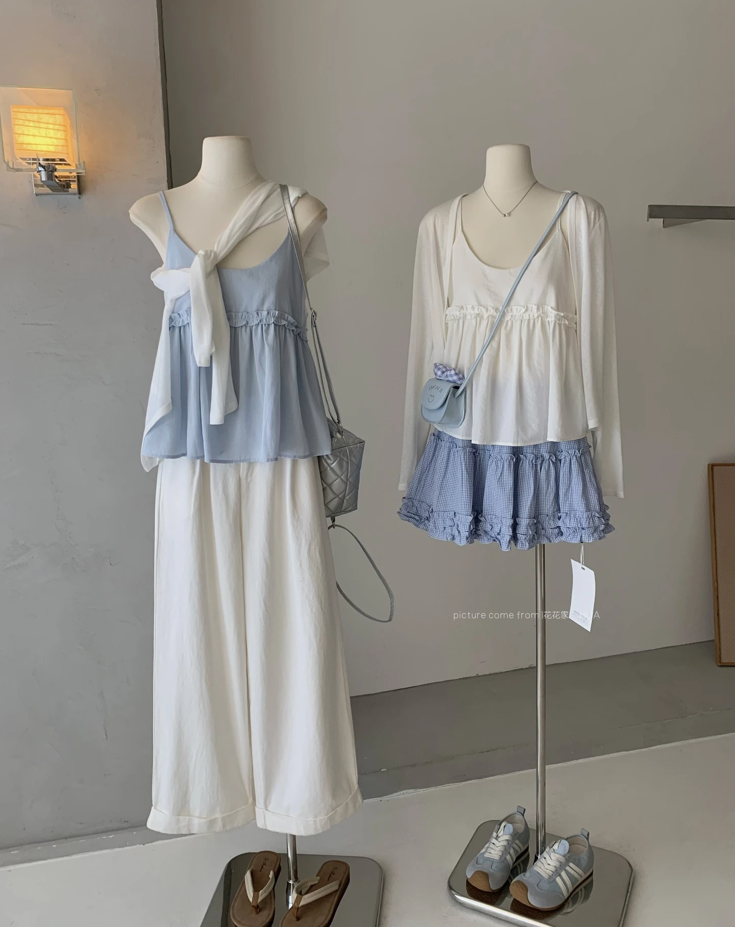 【出清! 現貨48小時快速出貨】Ying Fashion Shop 清新吊帶上衣 荷葉邊吊帶背心 針織開衫外套 薄款針織衫 防曬衫
