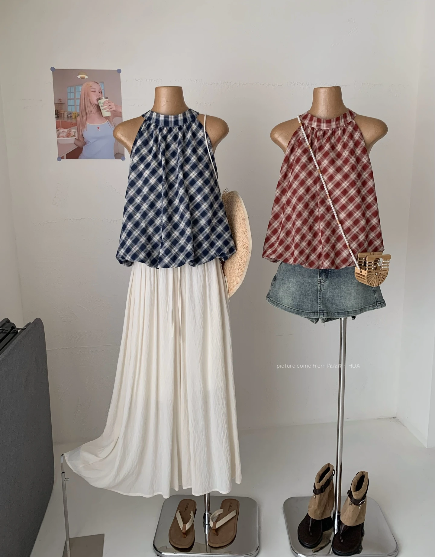 Ying Fashion Shop  復古風 藍白格紋 掛脖繞頸 無袖背心上衣 顯瘦百搭 蓬蓬背心上衣