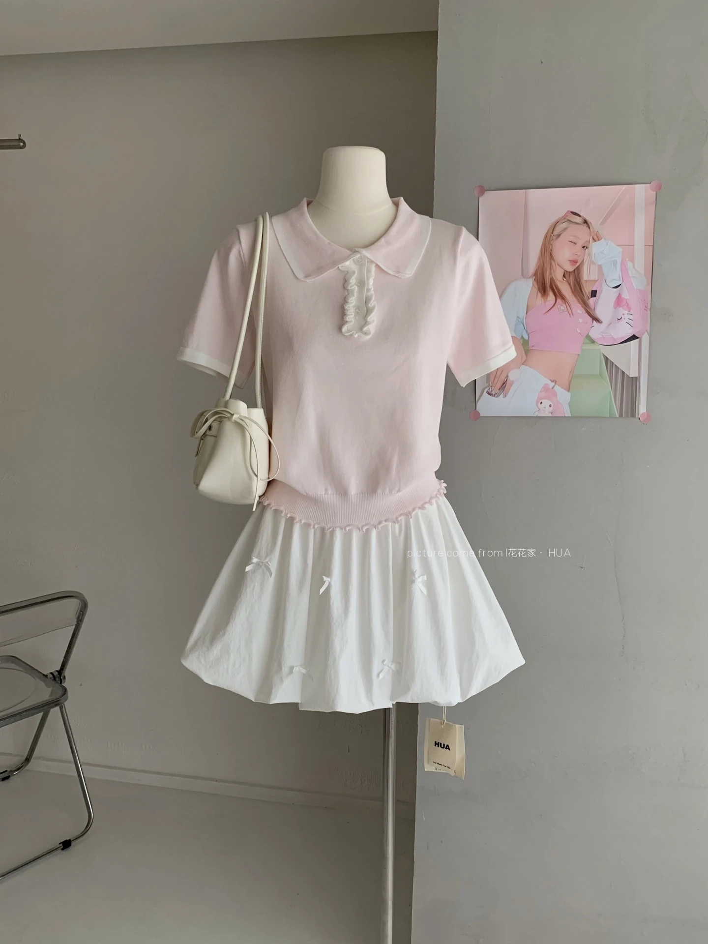 Ying Fashion Shop 嫩粉色 撞色娃娃領 花邊POLO領拼接上衣 修身顯瘦上衣 短袖針織衫