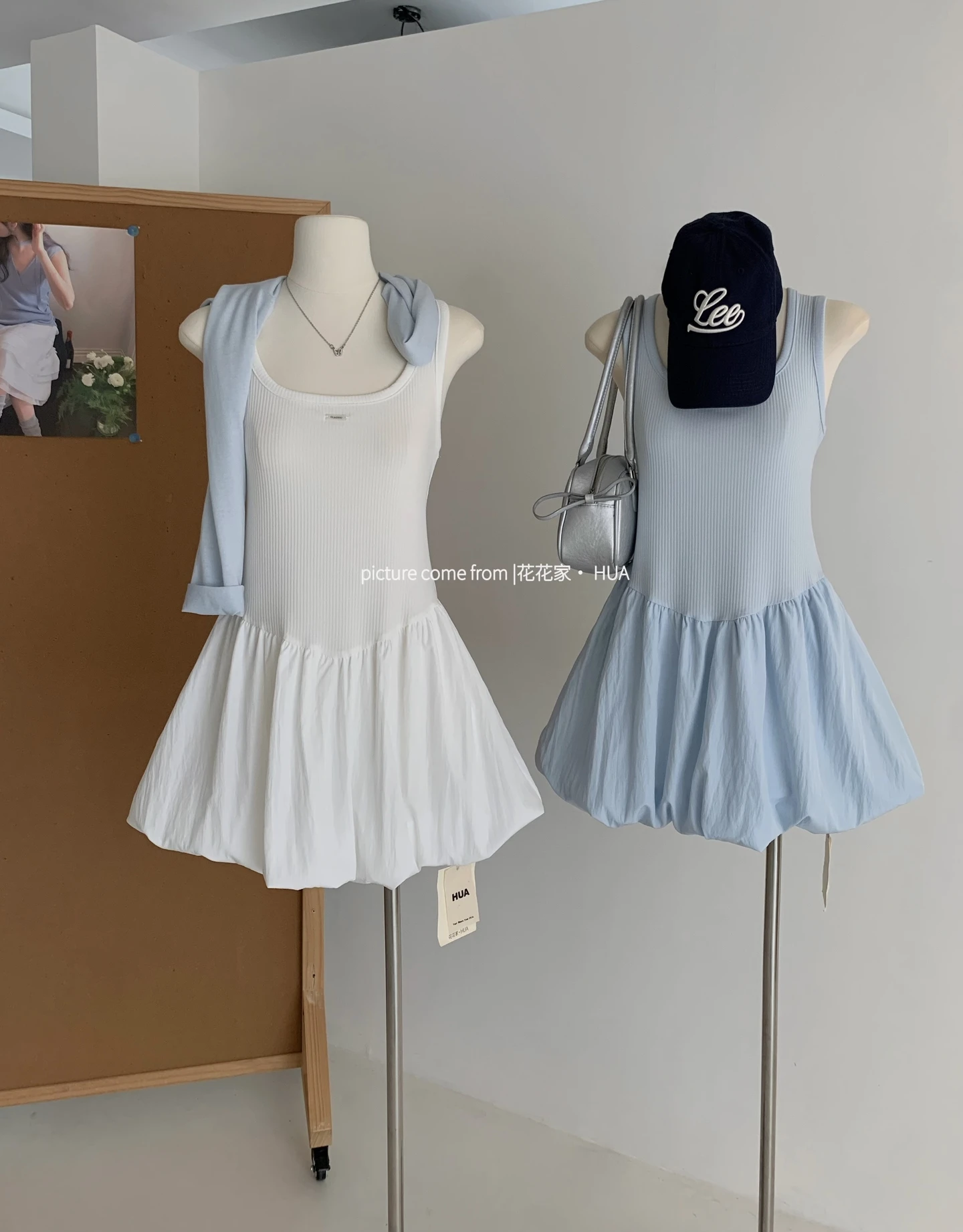 Ying Fashion Shop  度假海島碎片 清新baby藍 花苞蓬蓬連衣裙 背心連衣裙 彈力百搭 背心洋裝 吊帶洋裝