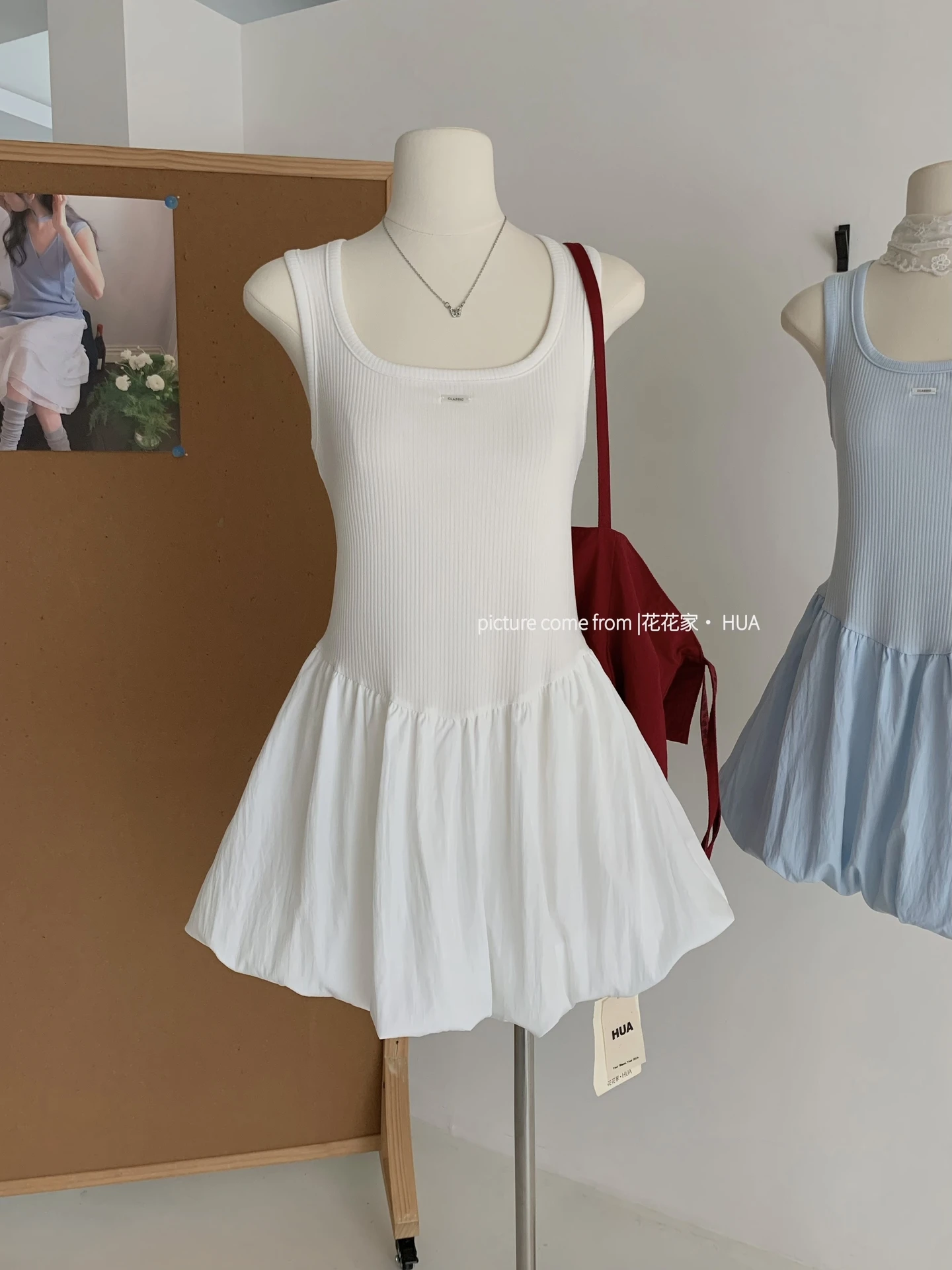 Ying Fashion Shop  度假海島碎片 清新baby藍 花苞蓬蓬連衣裙 背心連衣裙 彈力百搭 背心洋裝 吊帶洋裝