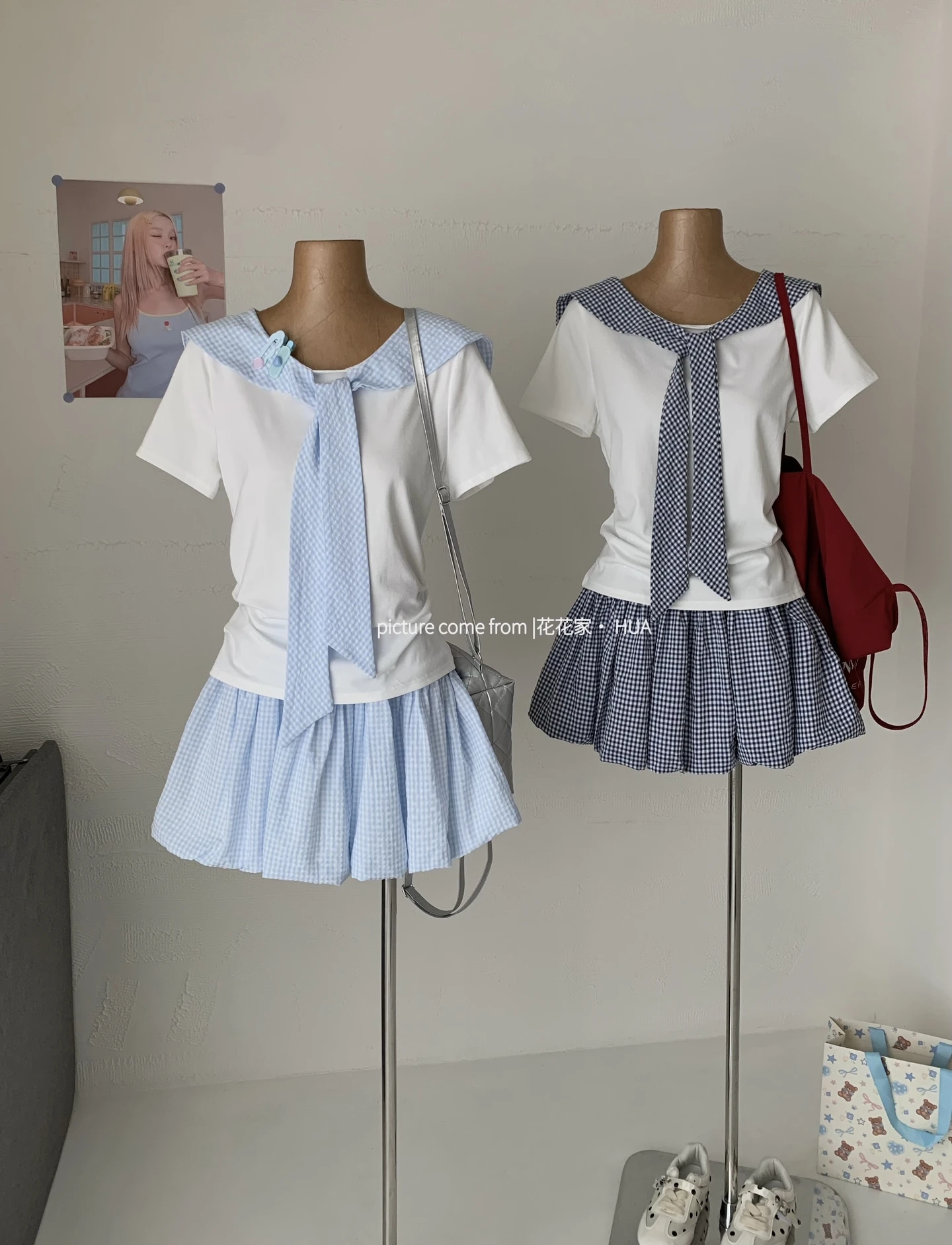 Ying Fashion Shop 清新簡約風 格紋海軍領 短袖T恤 花苞半身裙 兩件式套裝
