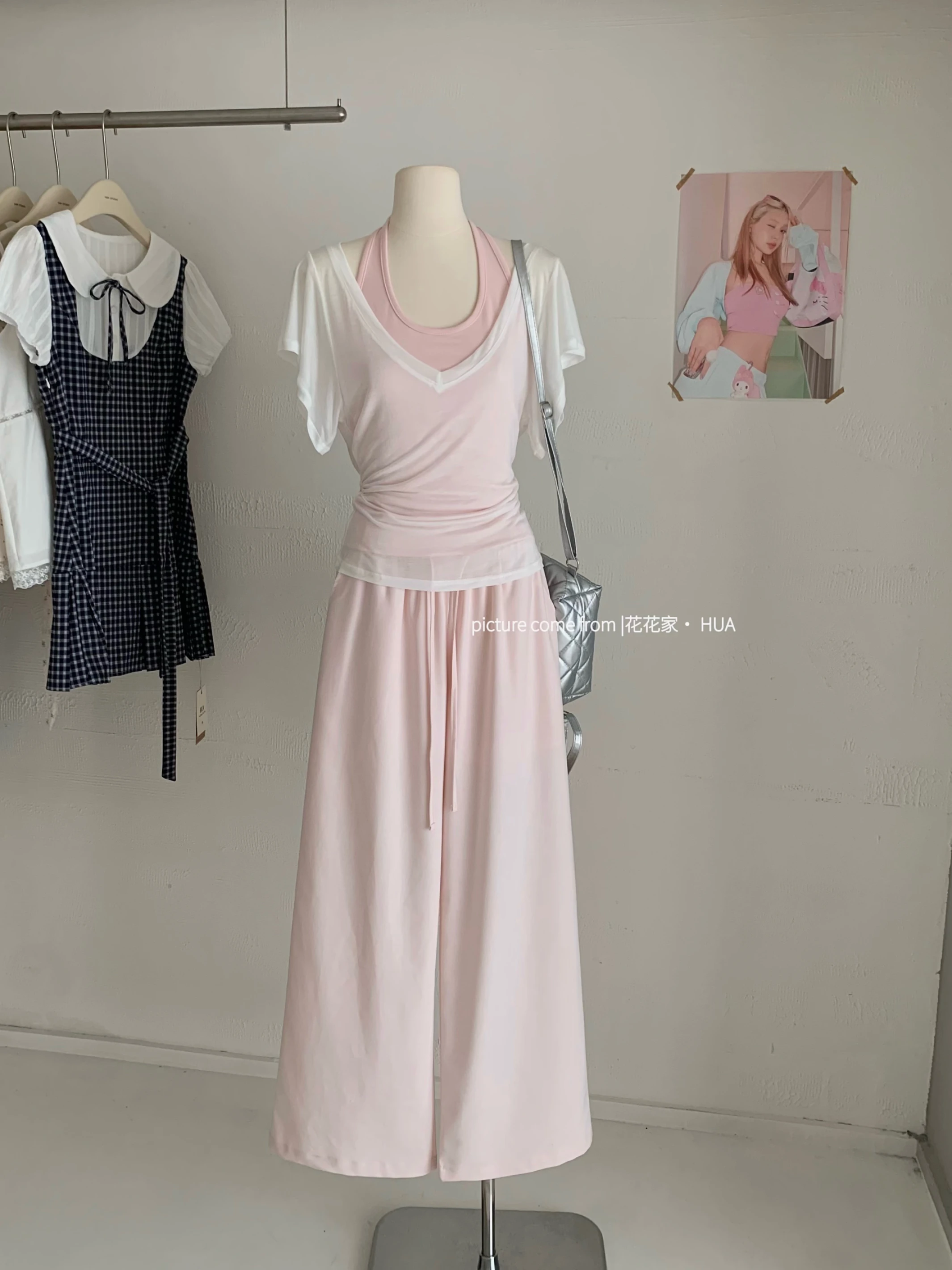 Ying Fashion Shop 甜美粉 休閒運動風 修身掛脖背心 短袖罩衫 闊腿褲 三件式套裝