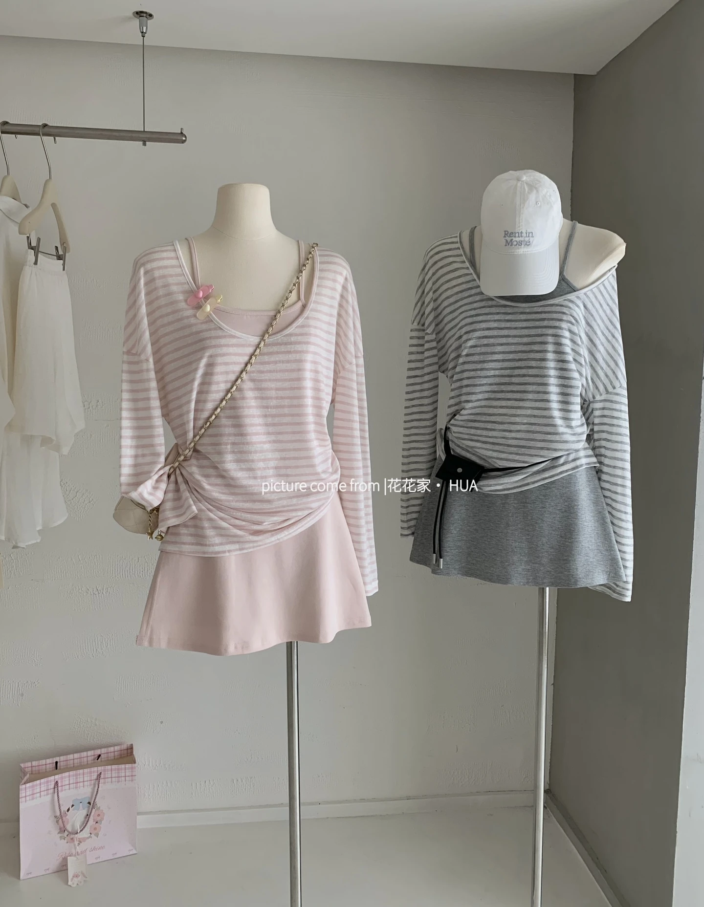 Ying Fashion Shop 高級時尚感 吊帶背心 長袖罩衫 條紋顯瘦T恤 鬆緊半身裙  三件式套裝