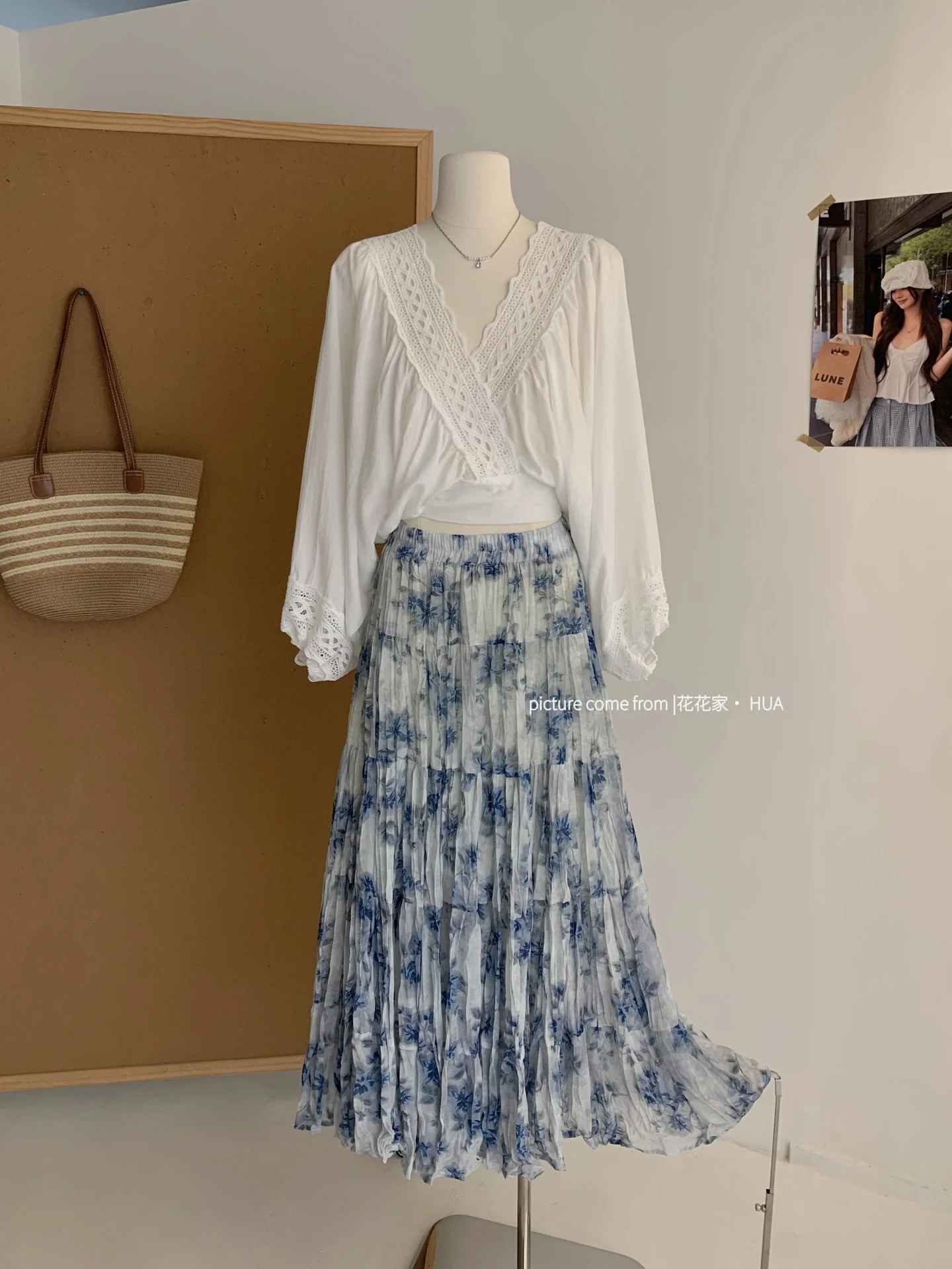 Ying Fashion Shop 超仙仙女 蕾絲刺繡 短版襯衫上衣 渡假風 雪紡半身裙 渲染A字裙 兩件式套裝