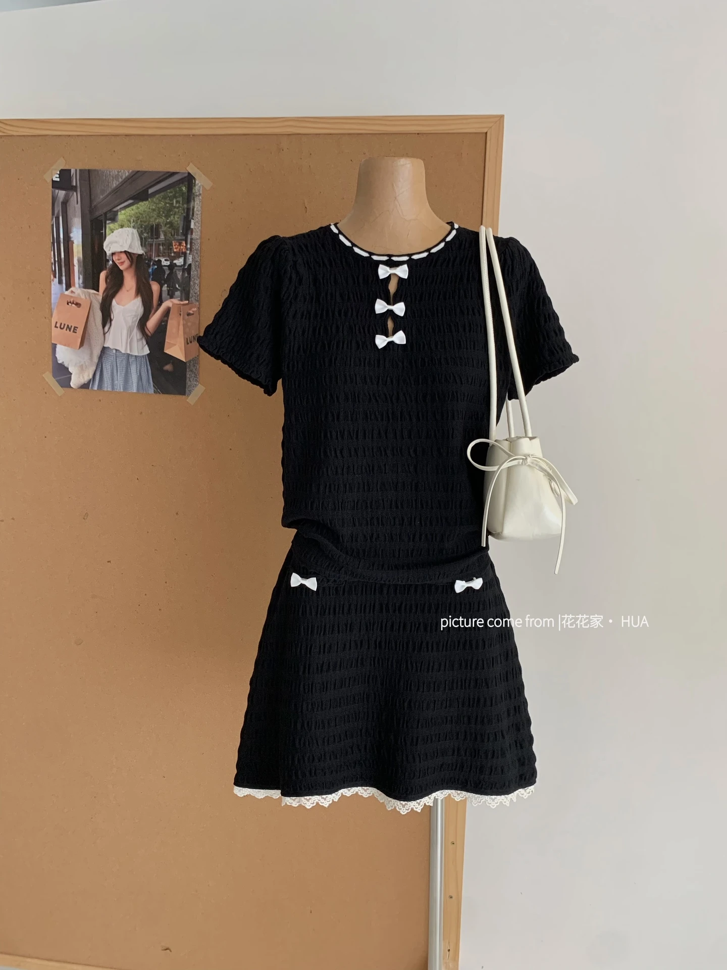 Ying Fashion Shop 甜心薇薇安 小香風兩件套 短袖蝴蝶結上衣 A字短裙 兩件式套裝