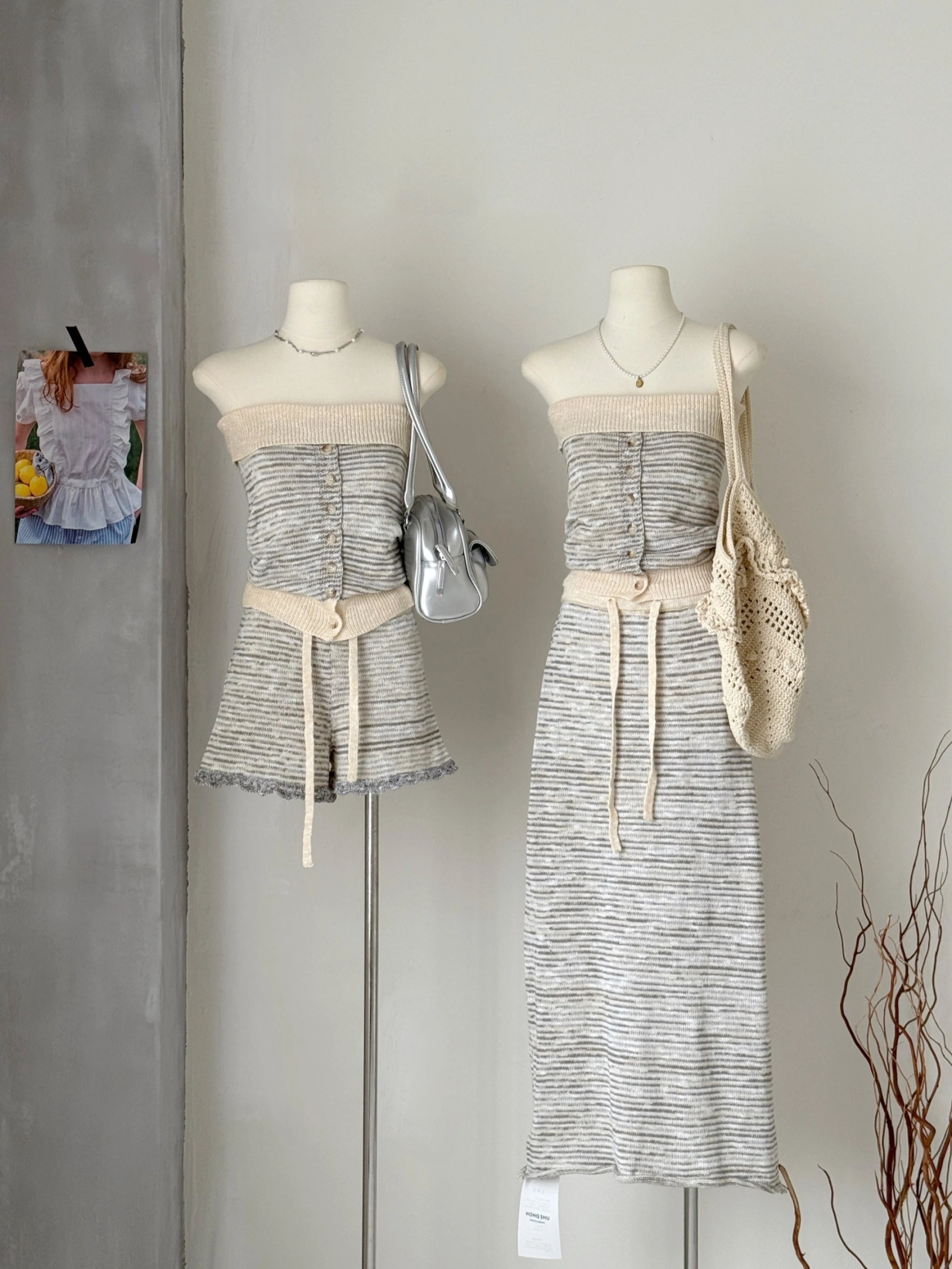 Ying Fashion Shop 條紋控必備 平扣背心 條紋背心 直筒半身裙 花邊短褲 兩件式套裝