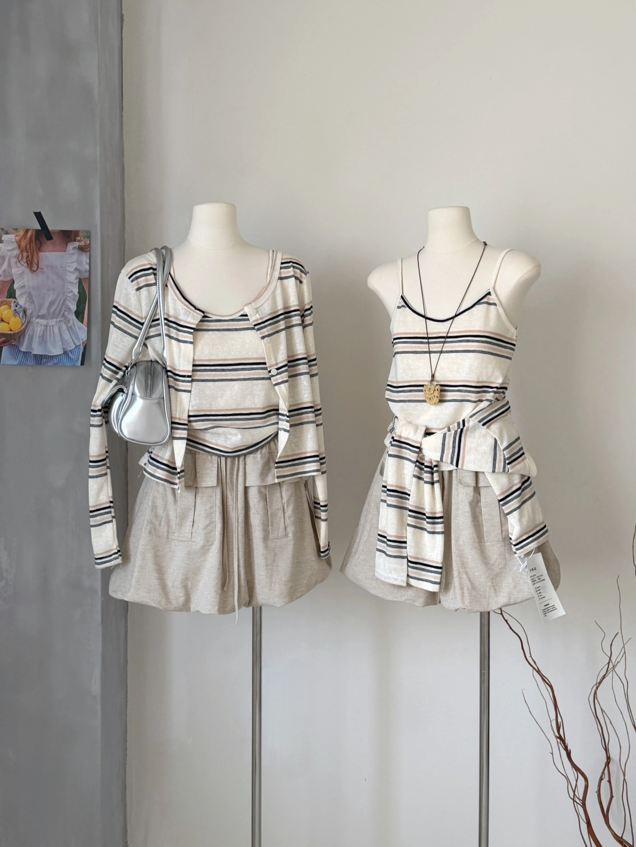 Ying Fashion Shop 慵懶風 氣質套裝 條紋開衫外套 吊帶背心 條紋背心 抽繩工裝 花苞短裙 三件式套裝