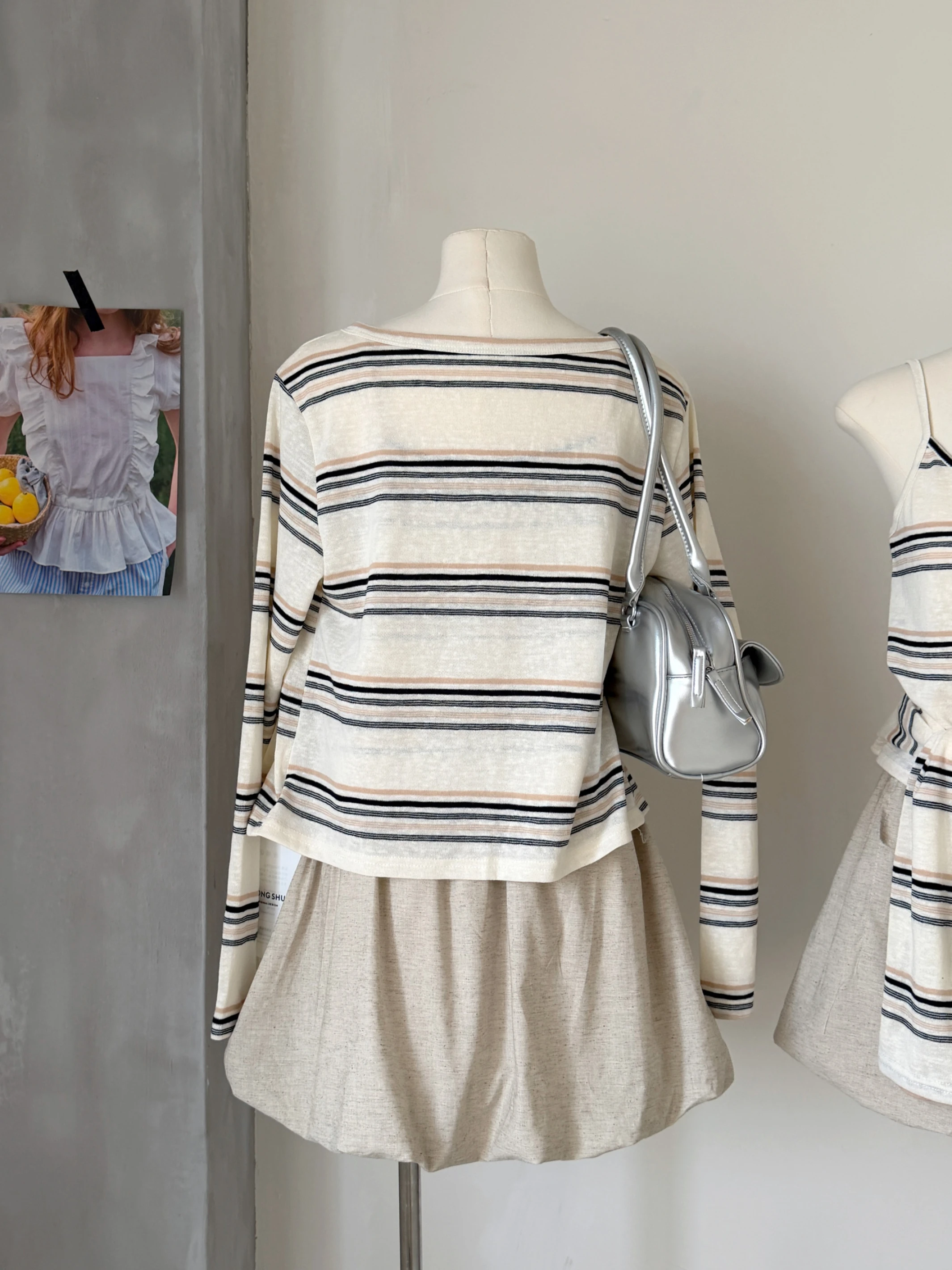 Ying Fashion Shop 慵懶風 氣質套裝 條紋開衫外套 吊帶背心 條紋背心 抽繩工裝 花苞短裙 三件式套裝