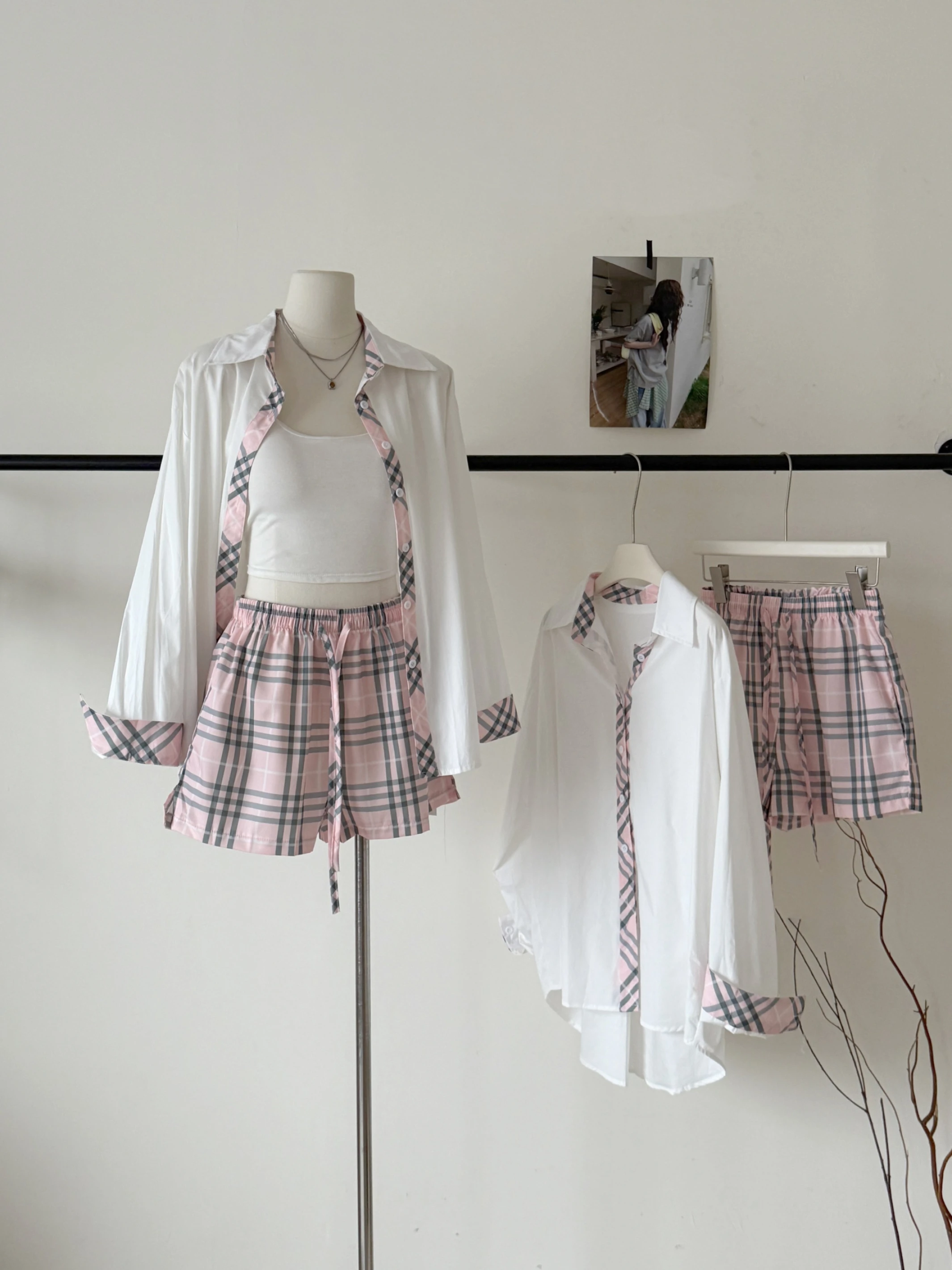 Ying Fashion Shop 時尚粉色系 老錢鋒套裝 寬鬆百搭格紋拼接襯衫 防曬襯衫 格紋短褲兩件套