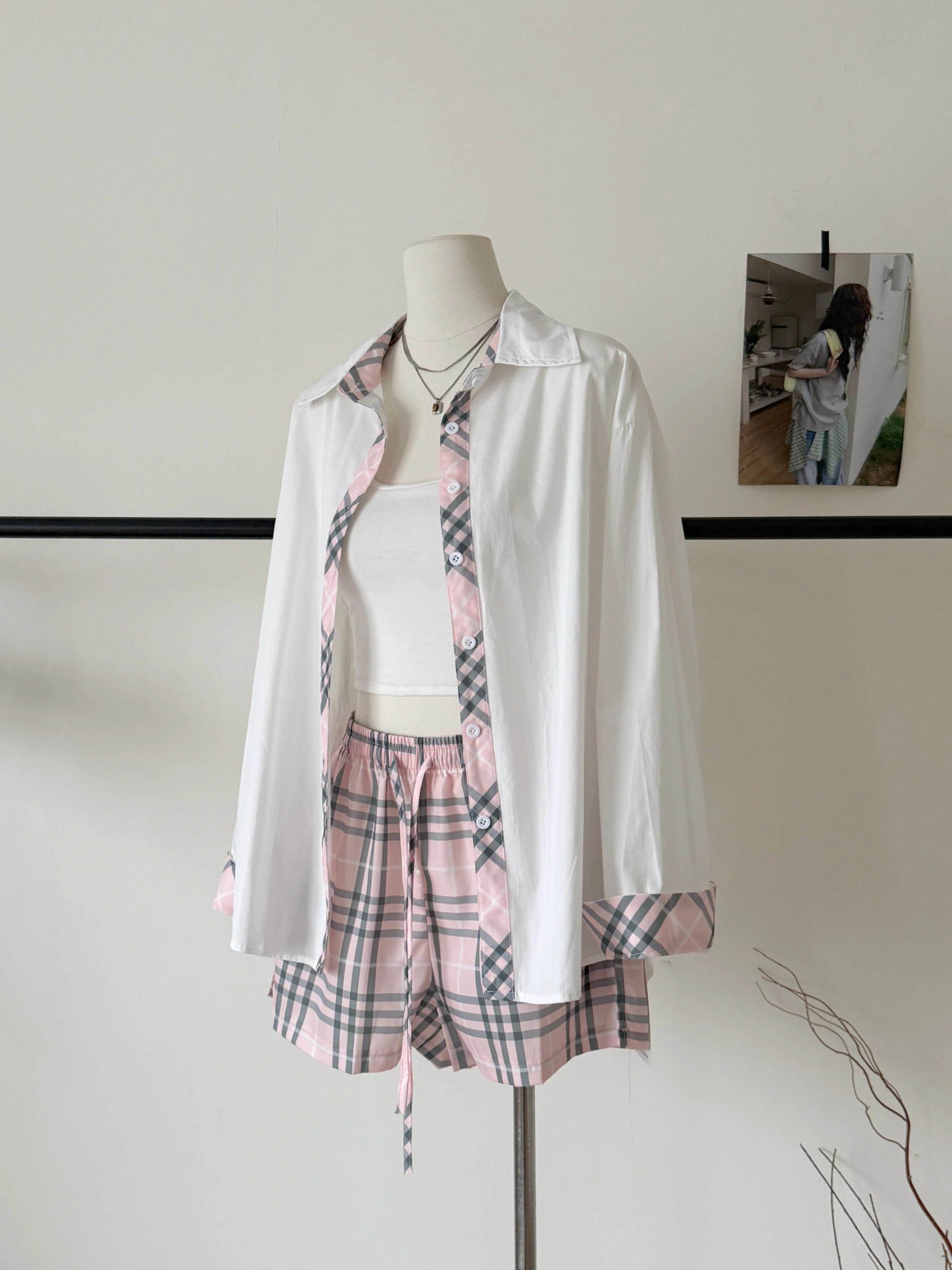 Ying Fashion Shop 時尚粉色系 老錢鋒套裝 寬鬆百搭格紋拼接襯衫 防曬襯衫 格紋短褲兩件套