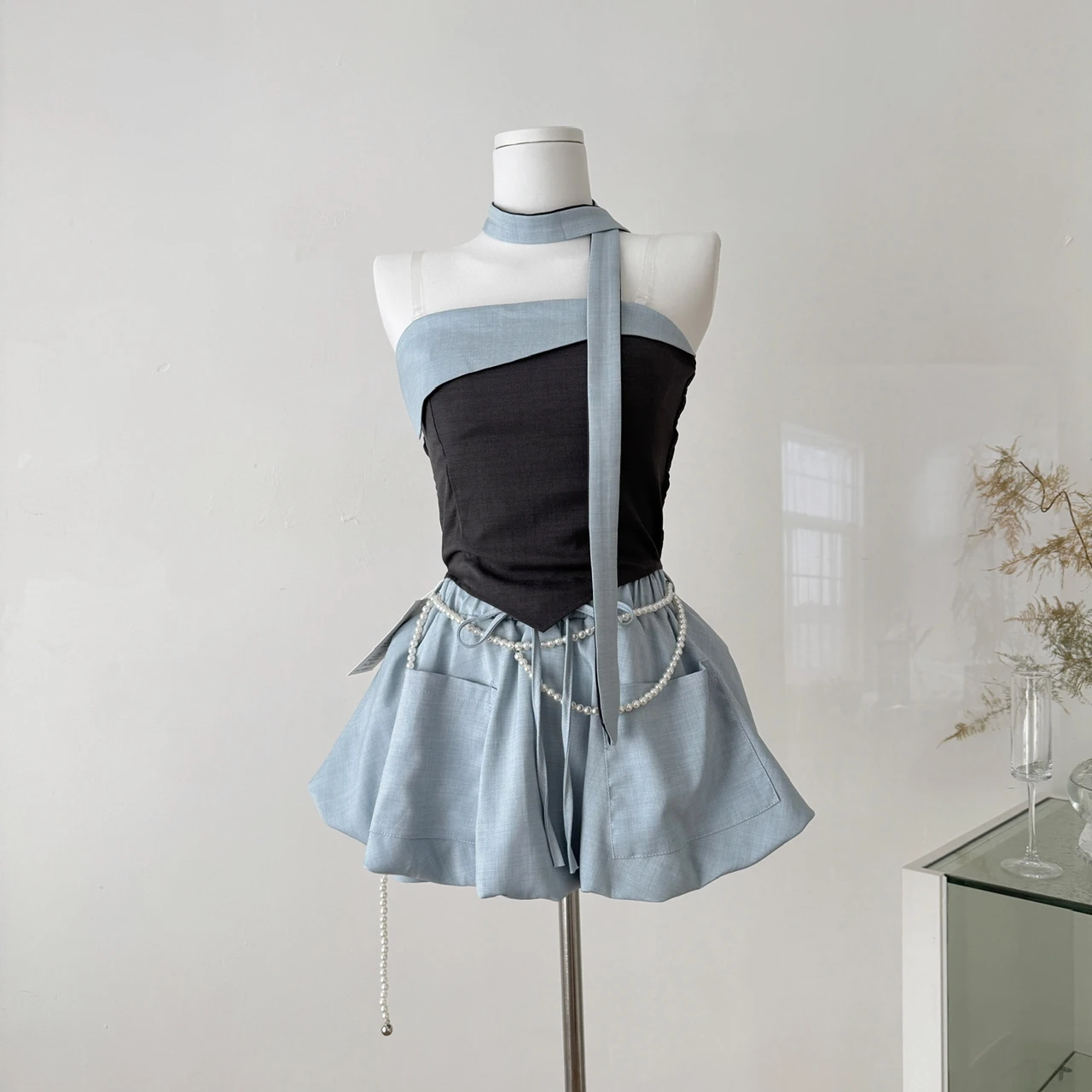 Ying Fashion Shop 不規則拼色背心 平口背心 掛脖飄帶 抹胸背心 辣妹風 鬆緊短群 短版套裝 兩件式套裝