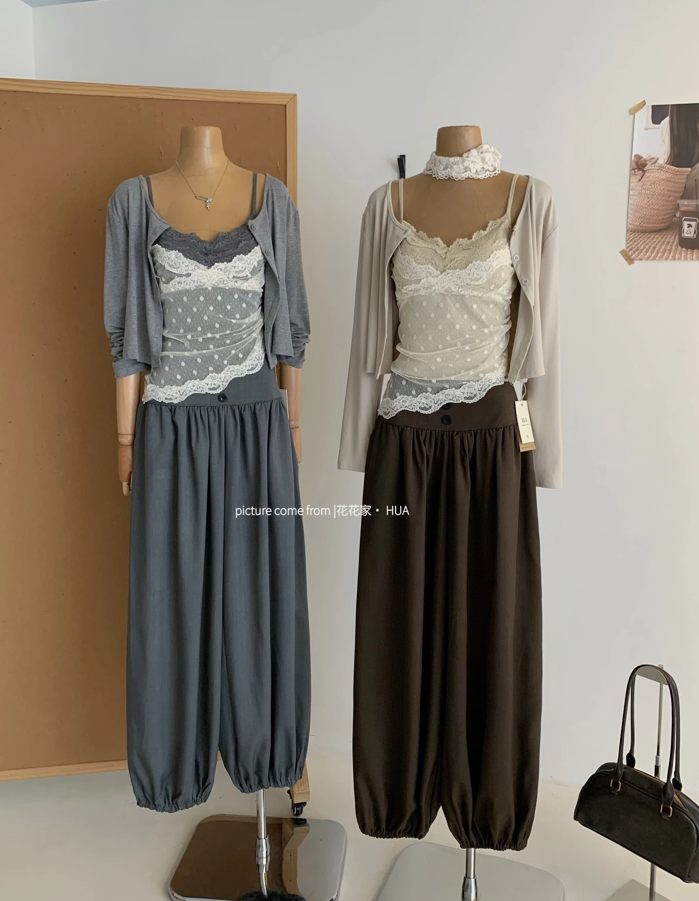 Ying Fashion Shop 純慾風 蕾絲拼接 吊帶背心 百搭防曬開衫 高腰顯瘦燈籠褲 鬆緊長褲 三件式套裝