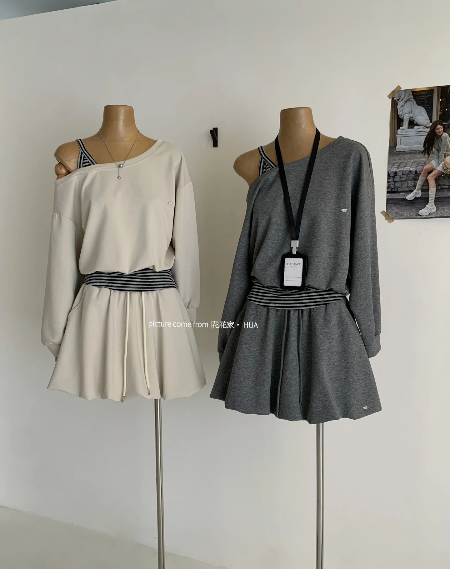 Ying Fashion Shop 高質感 斜肩寬鬆上衣 條紋背心 長袖上衣 百褶半身裙 兩件式套裝