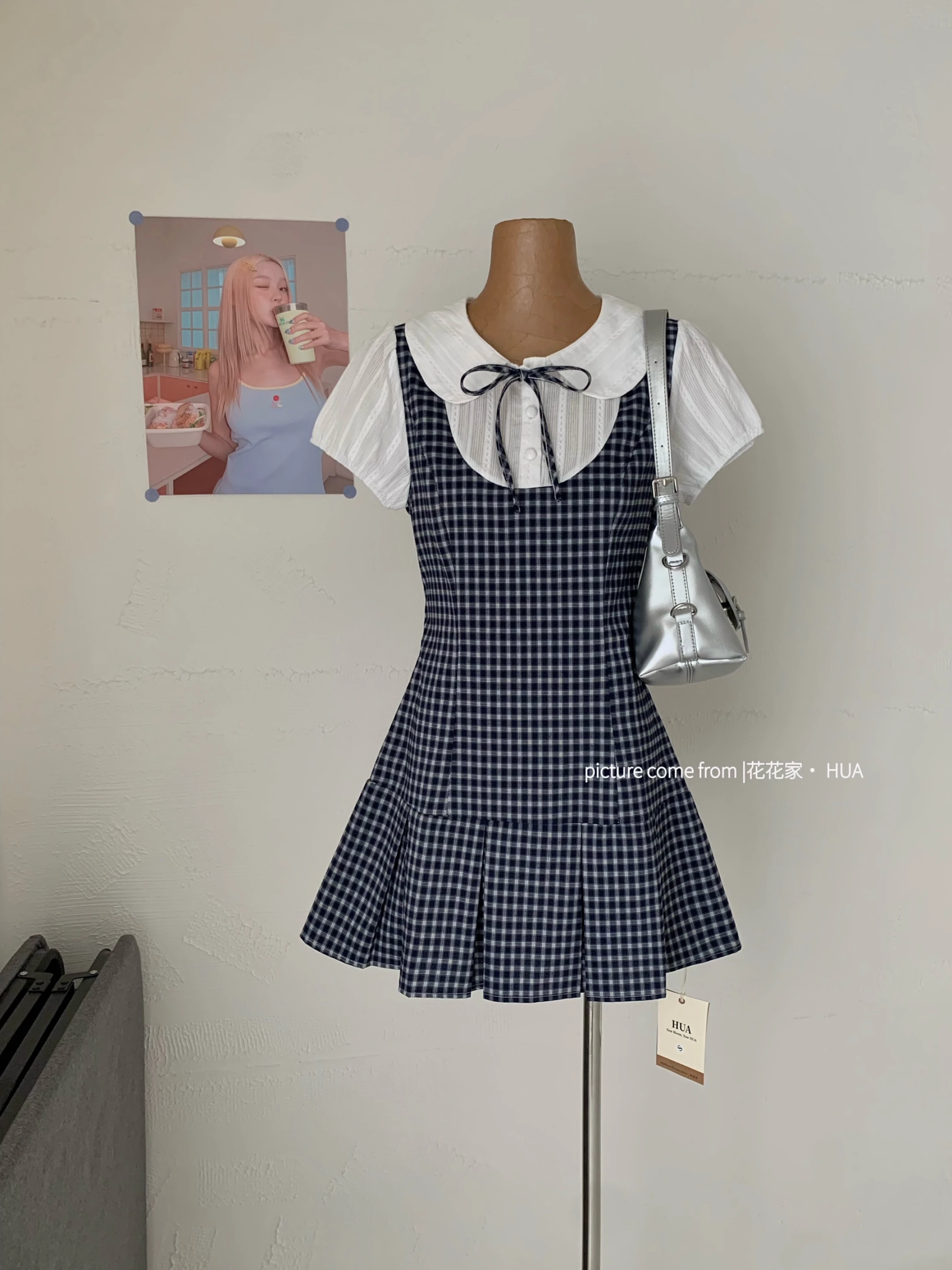 Ying Fashion Shop 假兩件 藍色格紋拼接 連衣裙 修身顯瘦 娃娃領格紋洋裝