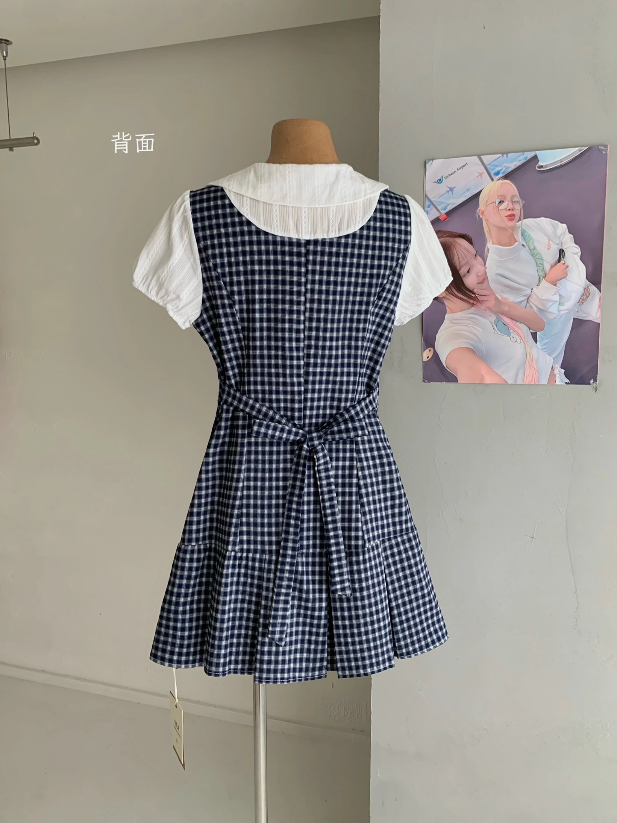 Ying Fashion Shop 假兩件 藍色格紋拼接 連衣裙 修身顯瘦 娃娃領格紋洋裝
