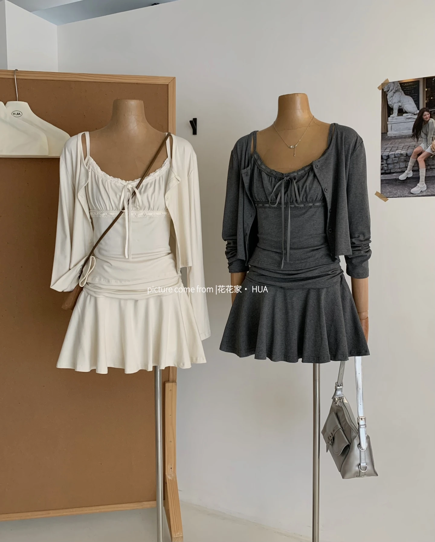 Ying Fashion Shop 氣質純慾風 蕾絲吊帶背心 長袖針織外套 高腰半身裙 三件式套裝