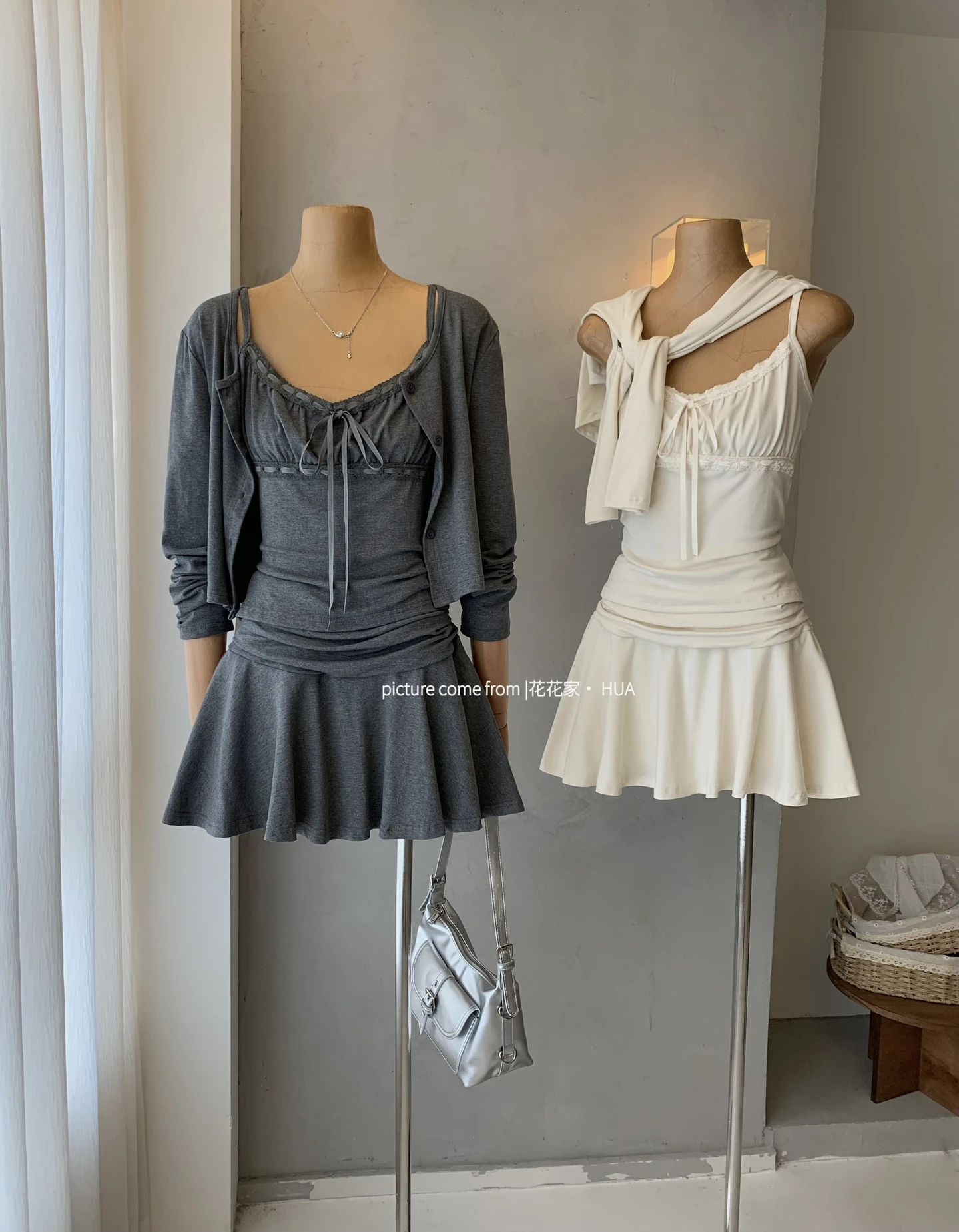 Ying Fashion Shop 氣質純慾風 蕾絲吊帶背心 長袖針織外套 高腰半身裙 三件式套裝