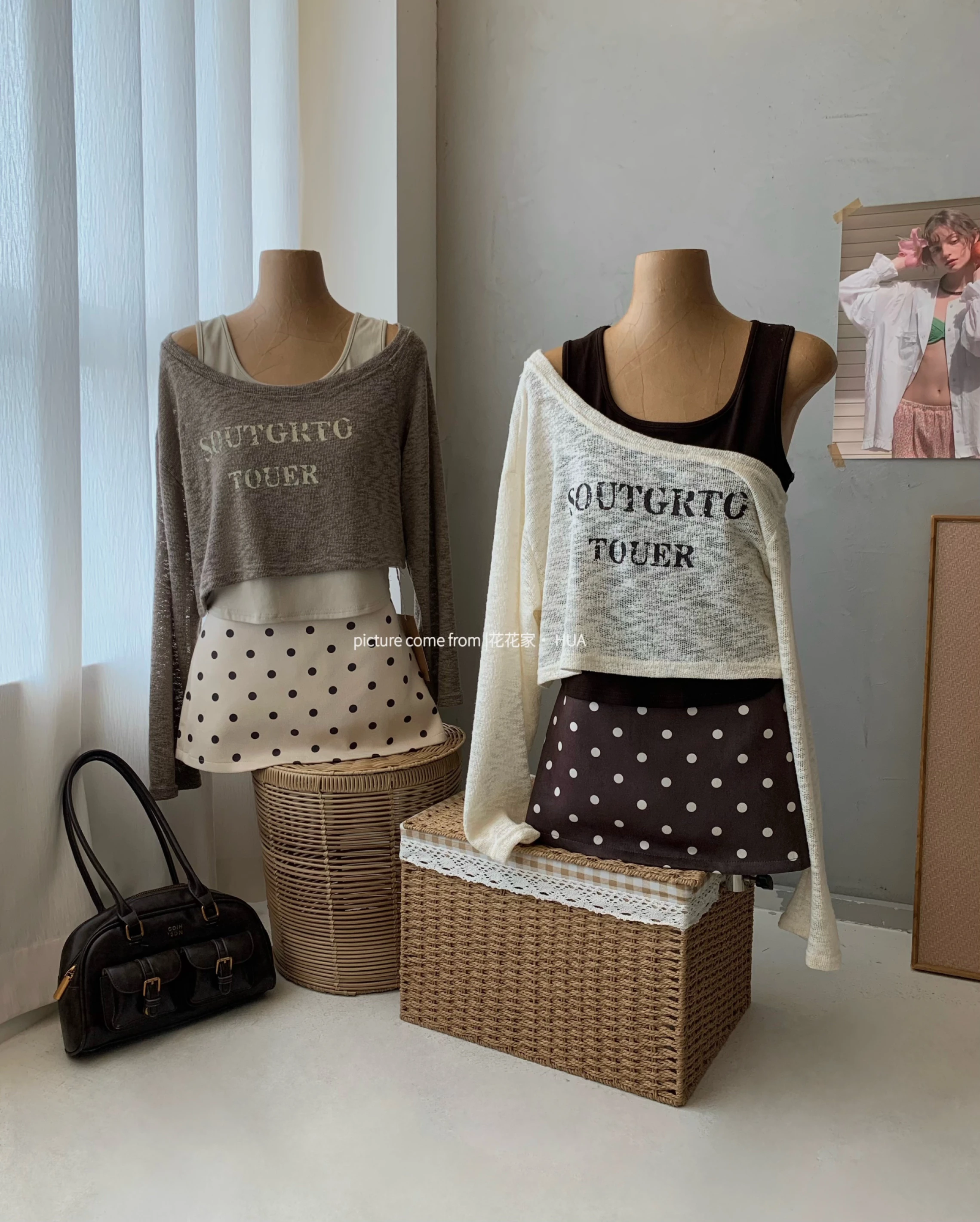 Ying Fashion Shop 慵懶風 斜肩字母上衣 防曬長袖罩衫 內搭打底吊帶背心 兩件套