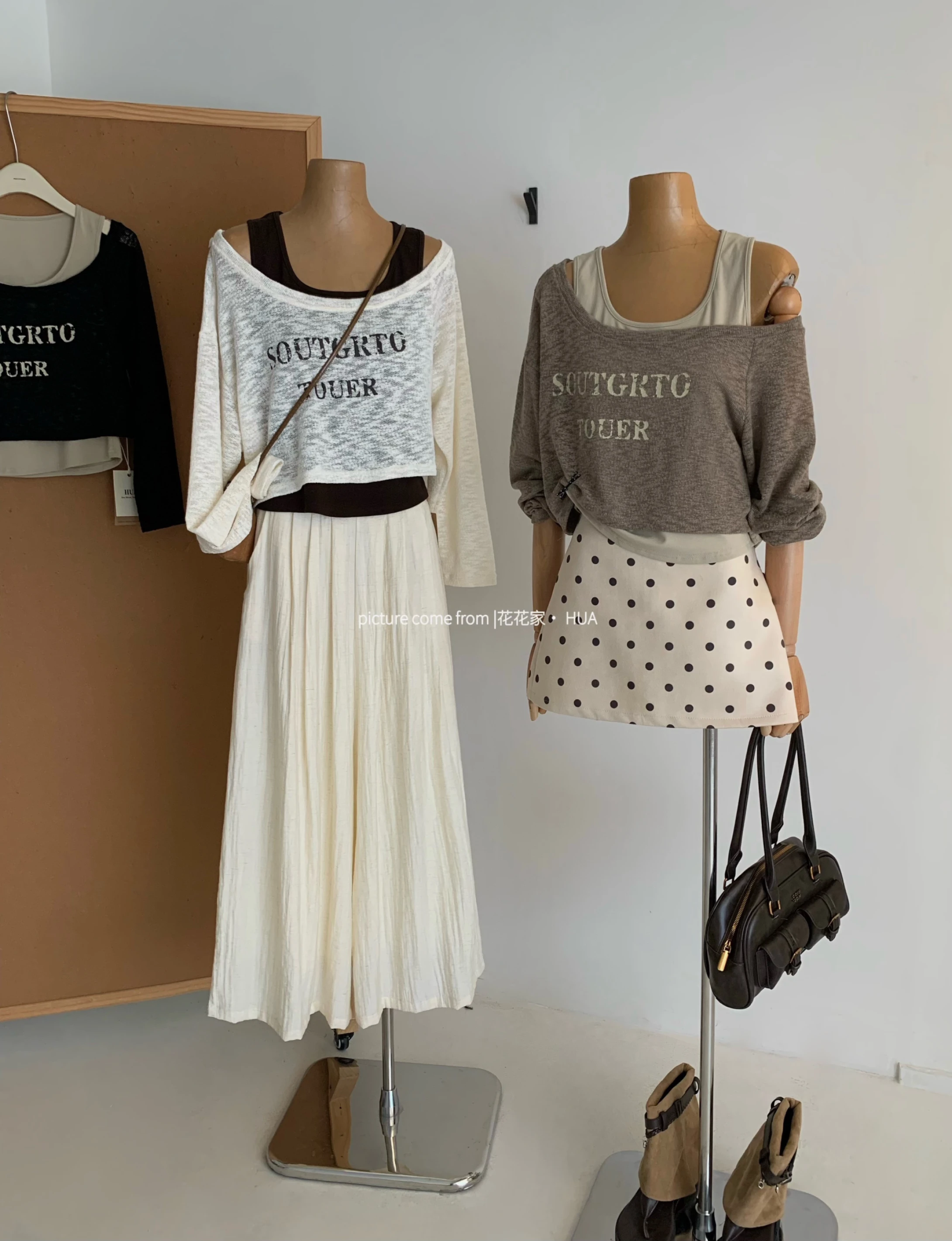 Ying Fashion Shop 慵懶風 斜肩字母上衣 防曬長袖罩衫 內搭打底吊帶背心 兩件套