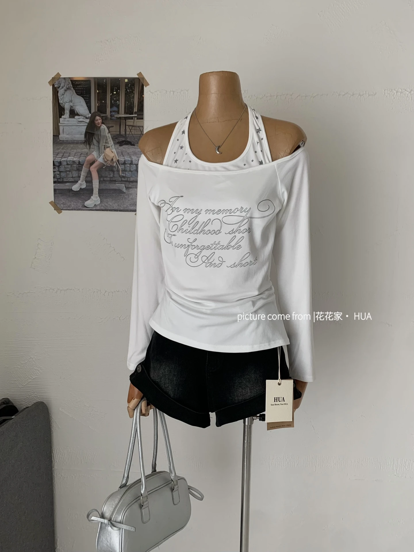 Ying Fashion Shop 美式設計感 掛脖吊帶假兩件 V領長袖上衣 寬鬆顯瘦 字母印花 薄長袖上衣