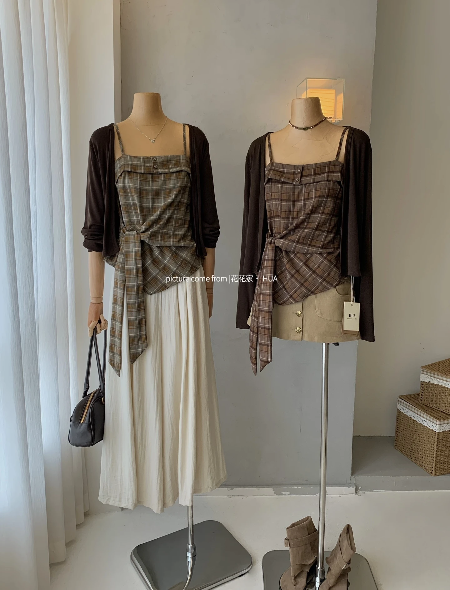 Ying Fashion Shop 慵懶風 針織開衫外套 吊帶格紋背心 修身顯瘦 兩件式套裝