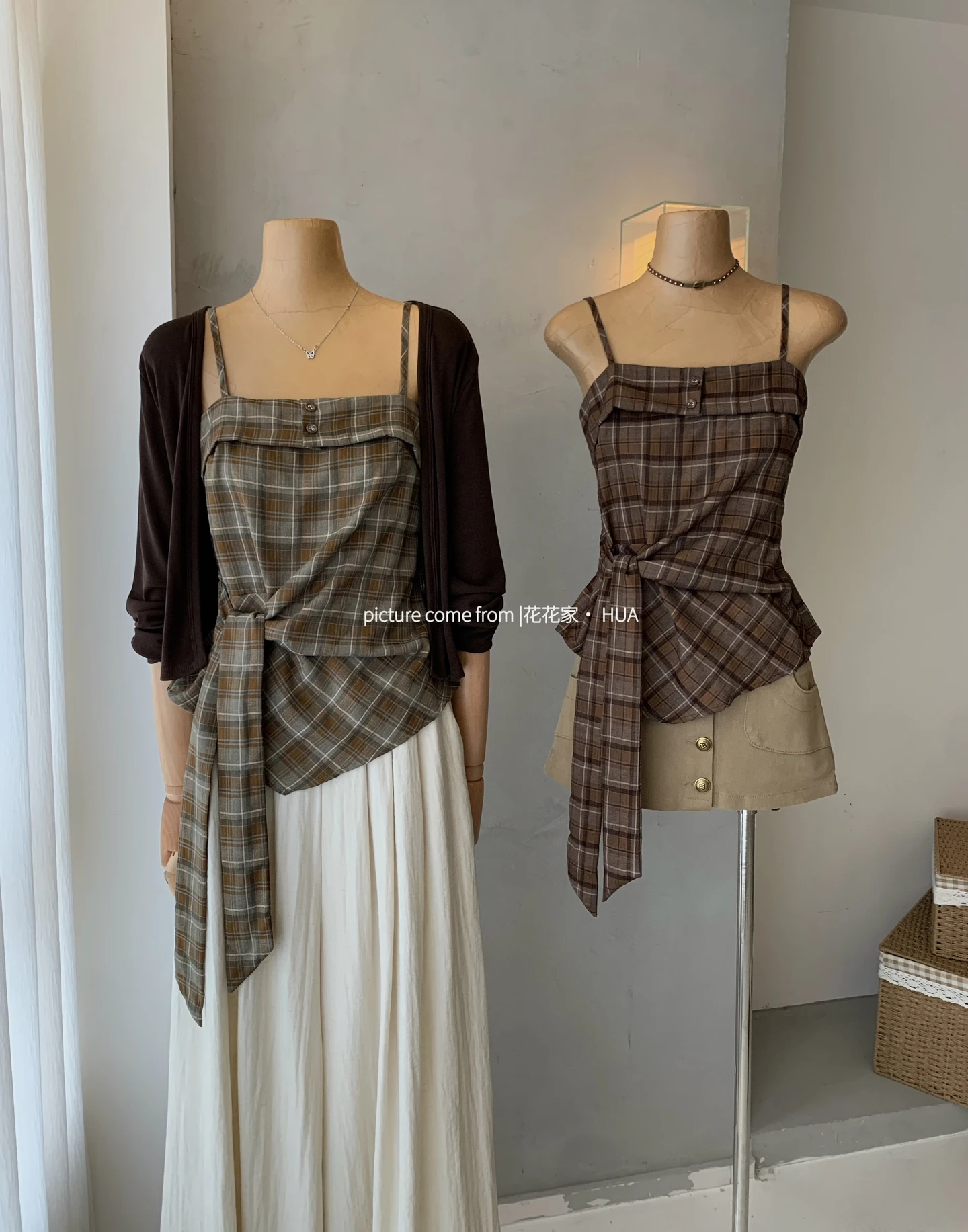 Ying Fashion Shop 慵懶風 針織開衫外套 吊帶格紋背心 修身顯瘦 兩件式套裝