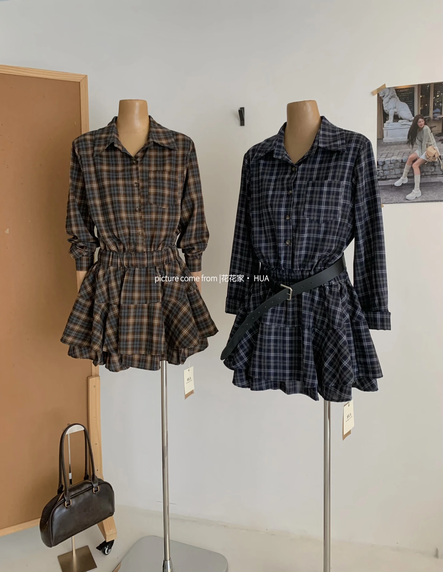 Ying Fashion Shop  學院風 氣質格紋長袖襯衫裙 收腰格紋連衣裙 中長款長袖襯衫洋裝