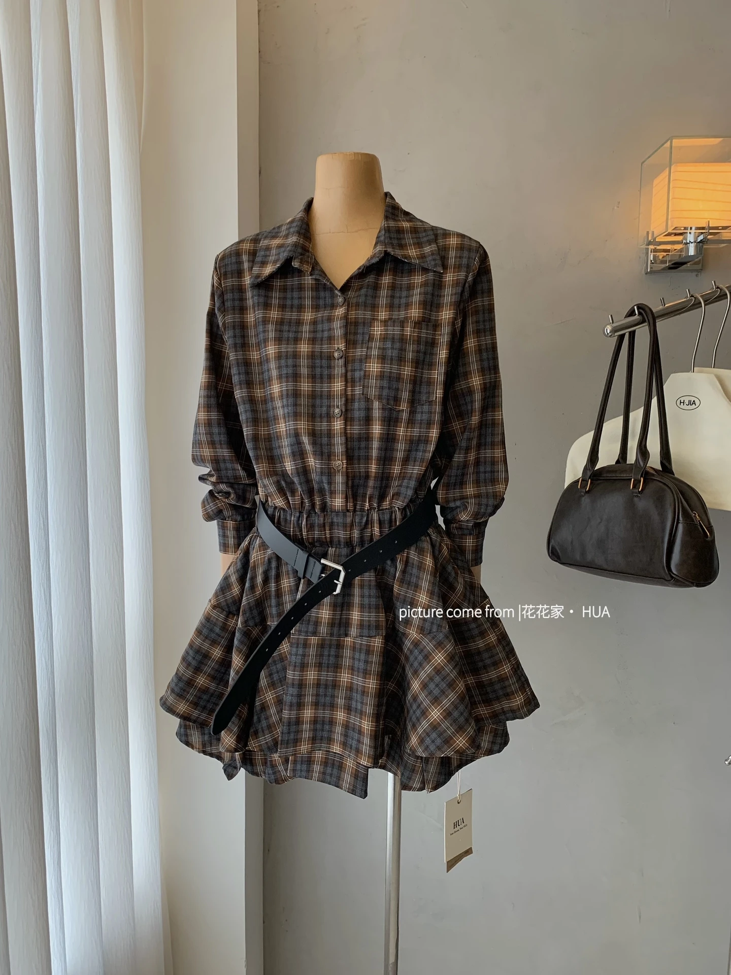 Ying Fashion Shop  學院風 氣質格紋長袖襯衫裙 收腰格紋連衣裙 中長款長袖襯衫洋裝