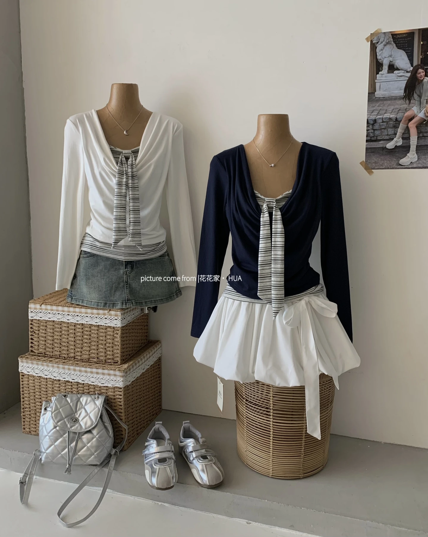 Ying Fashion Shop  可愛蝴蝶結 條紋假兩件 修身顯瘦 長袖上衣 V領針織上衣