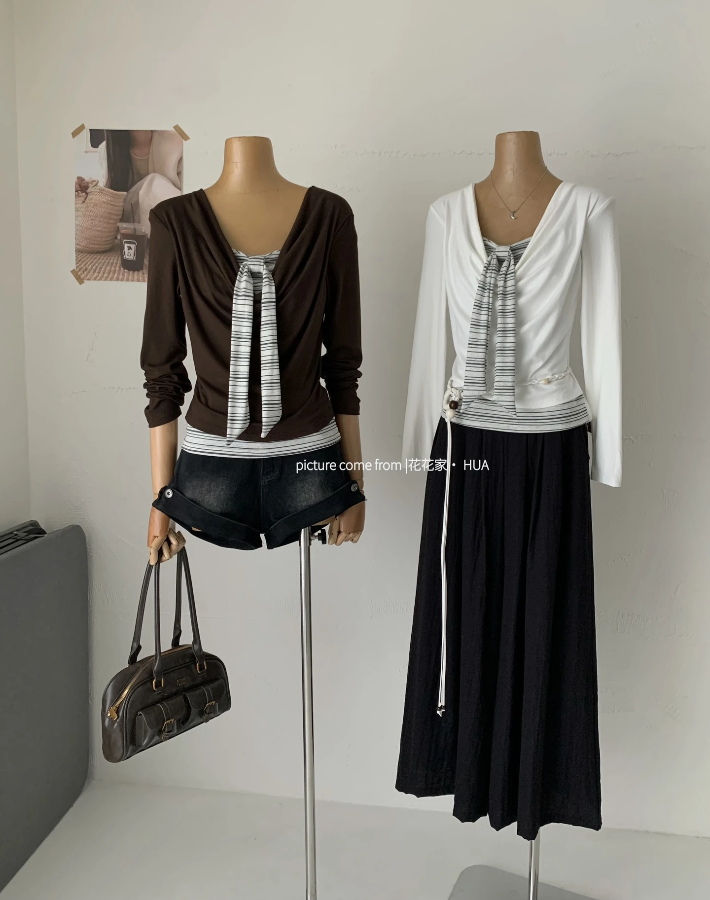 Ying Fashion Shop  可愛蝴蝶結 條紋假兩件 修身顯瘦 長袖上衣 V領針織上衣