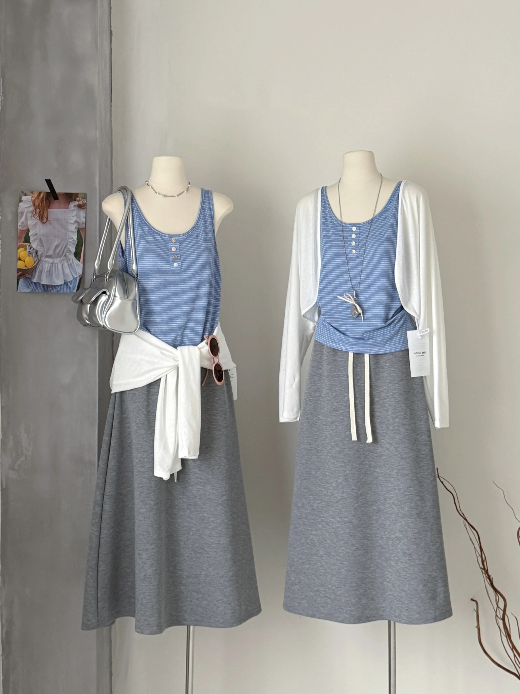 Ying Fashion Shop 清新條紋吊帶背心 薄款防曬衫 開衫外套 鬆緊A字長裙 A字半身裙 三件式套裝