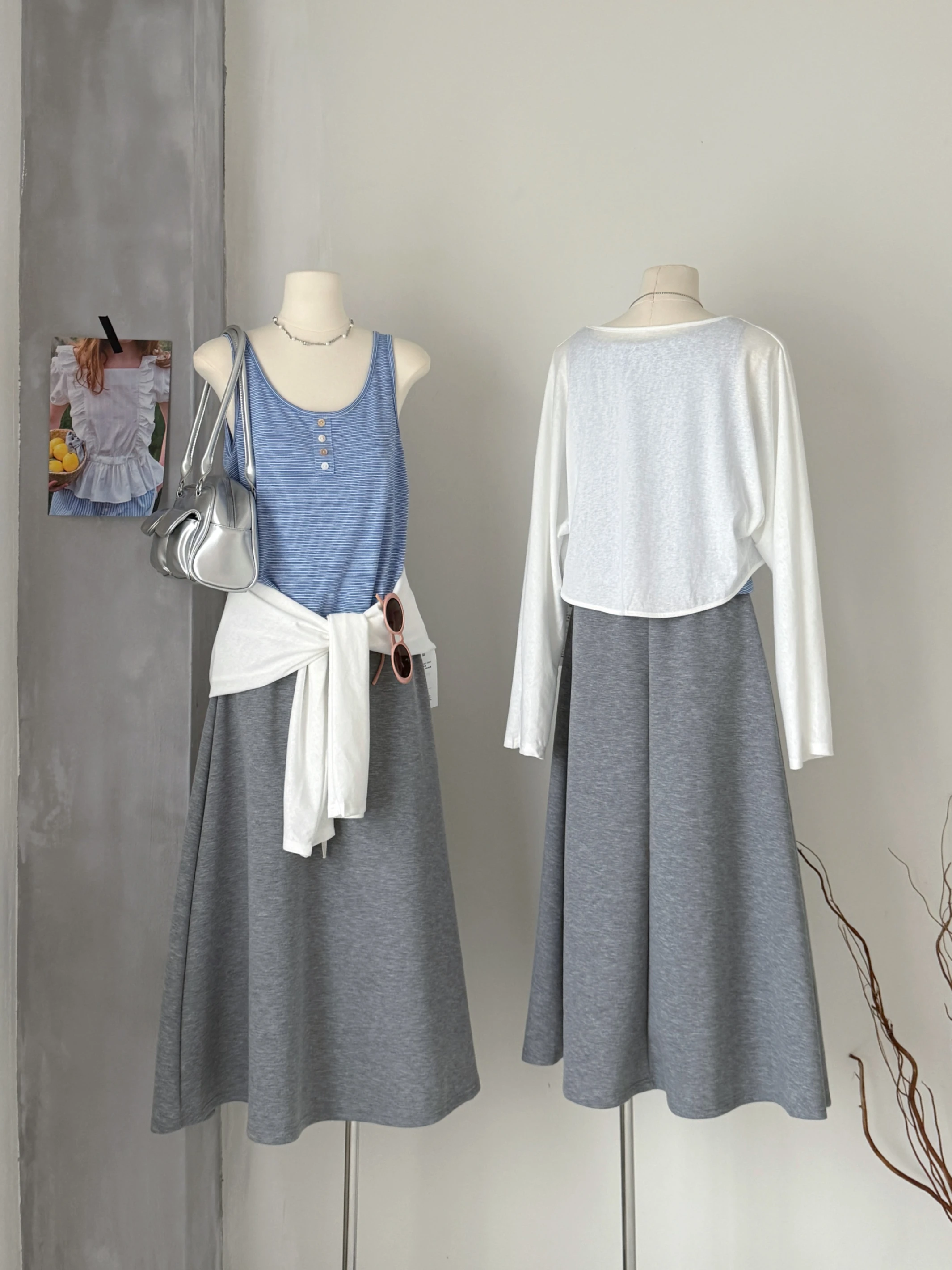 Ying Fashion Shop 清新條紋吊帶背心 薄款防曬衫 開衫外套 鬆緊A字長裙 A字半身裙 三件式套裝