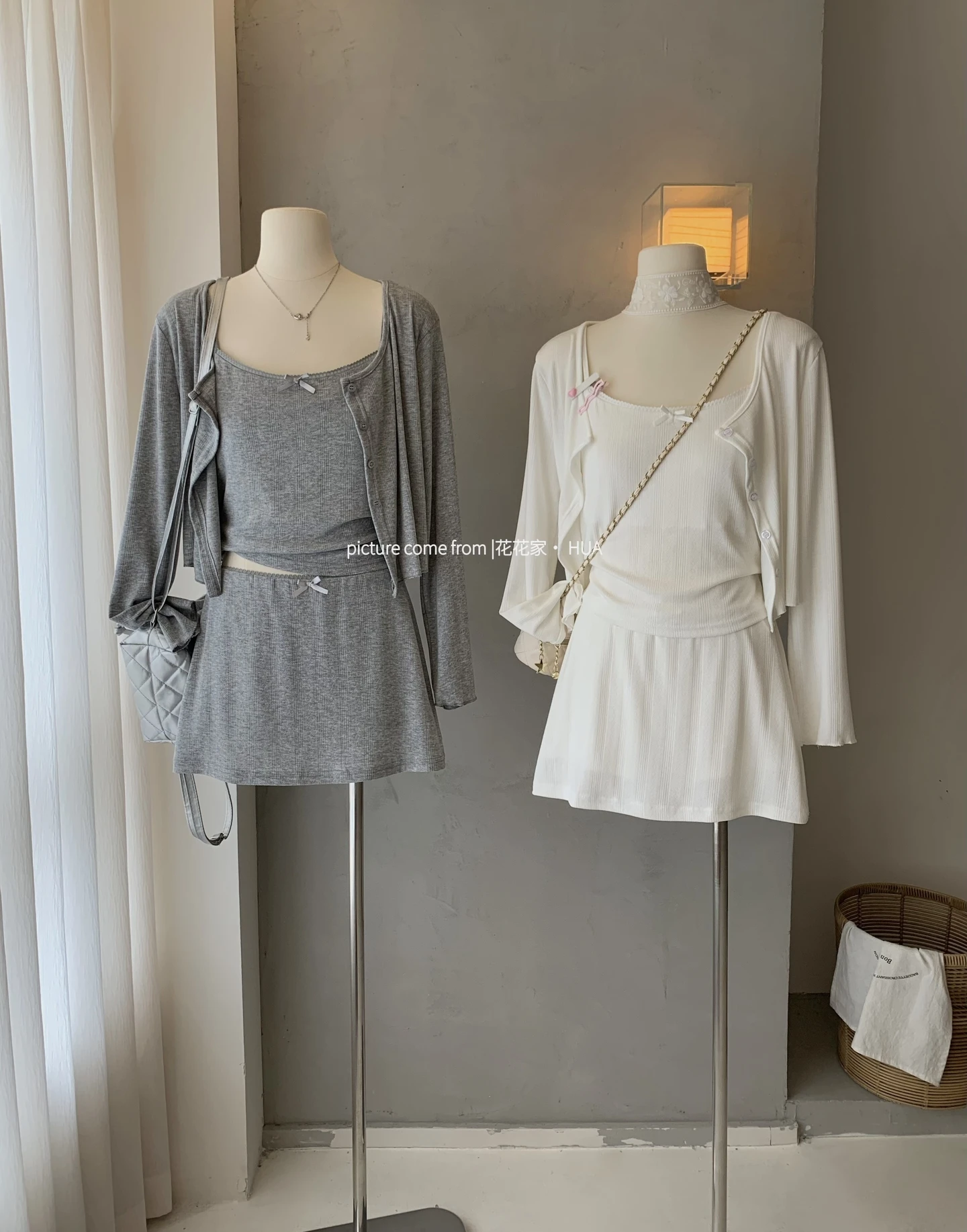 Ying Fashion Shop 椰奶刨冰 白色針織開衫外套 吊帶背心 A字短裙 三件式套裝