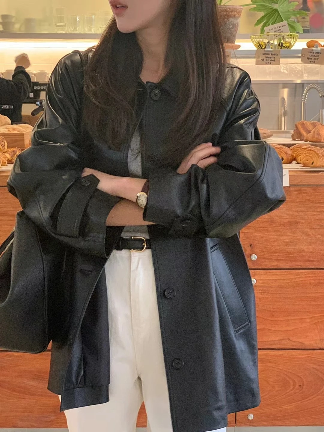Ying Fashion Shop 復古炸街 高質感皮衣外套 寬鬆PU皮西裝外套 中長版皮衣外套 翻領皮外套