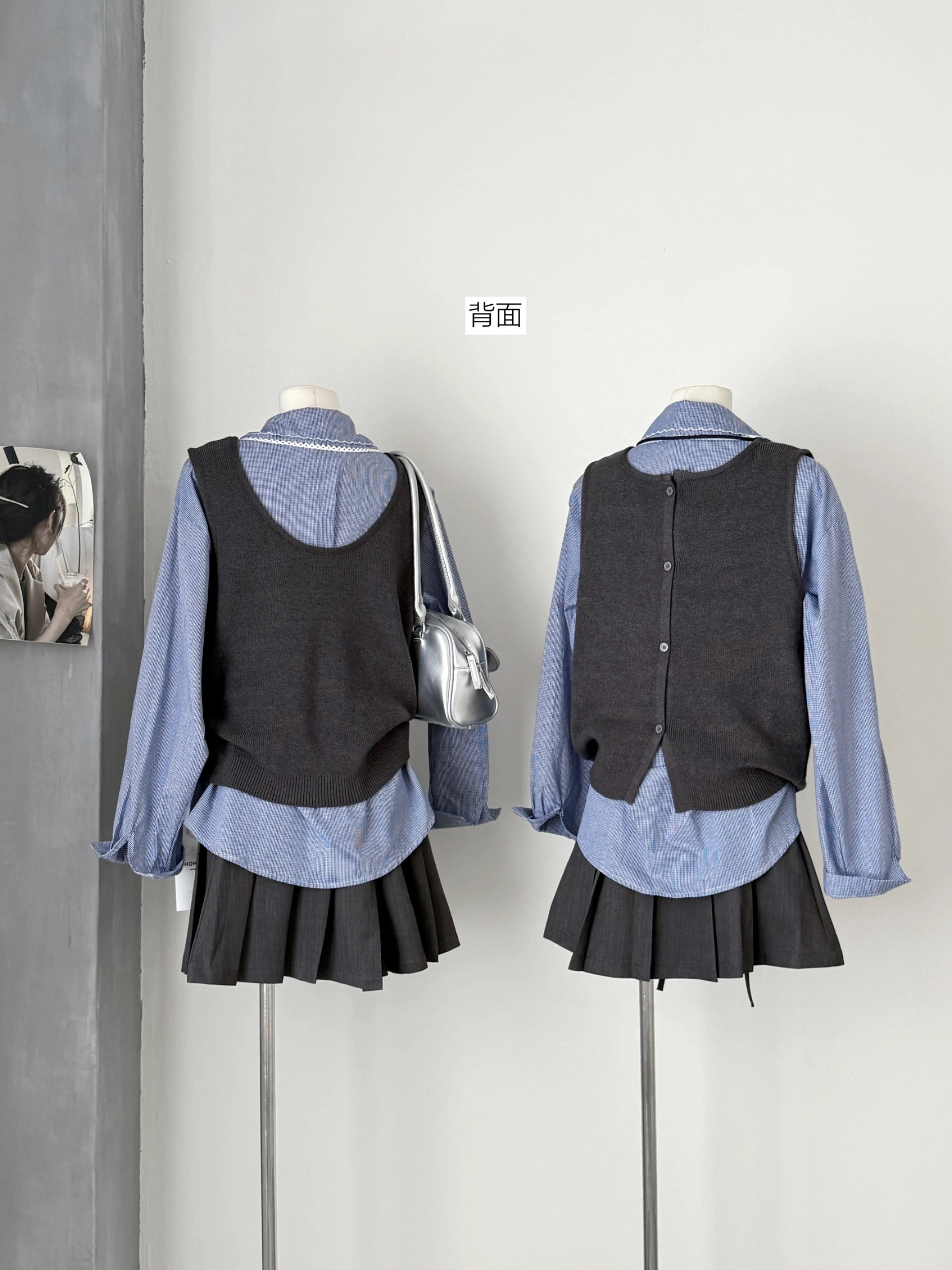 Ying Fashion Shop 氣質學院風 娃娃領襯衫 馬甲背心 百褶半身裙 三件式套裝