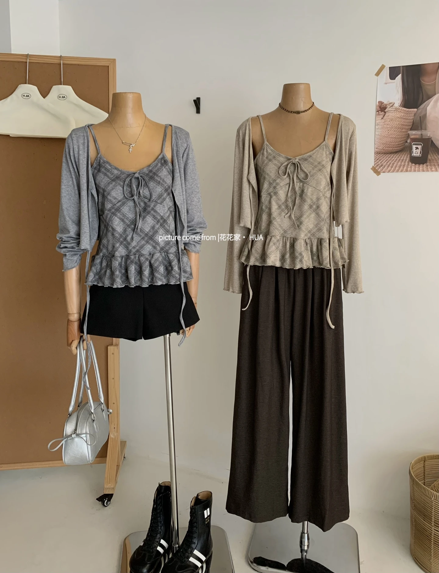 Ying Fashion Shop 元氣少女 氣質百搭 格紋吊帶上衣 針織開衫外套 兩件套上衣