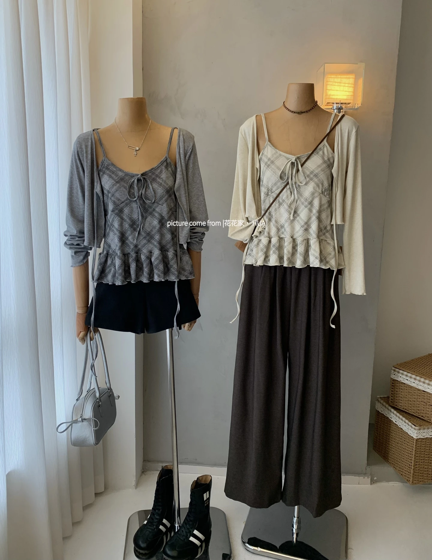 Ying Fashion Shop 元氣少女 氣質百搭 格紋吊帶上衣 針織開衫外套 兩件套上衣