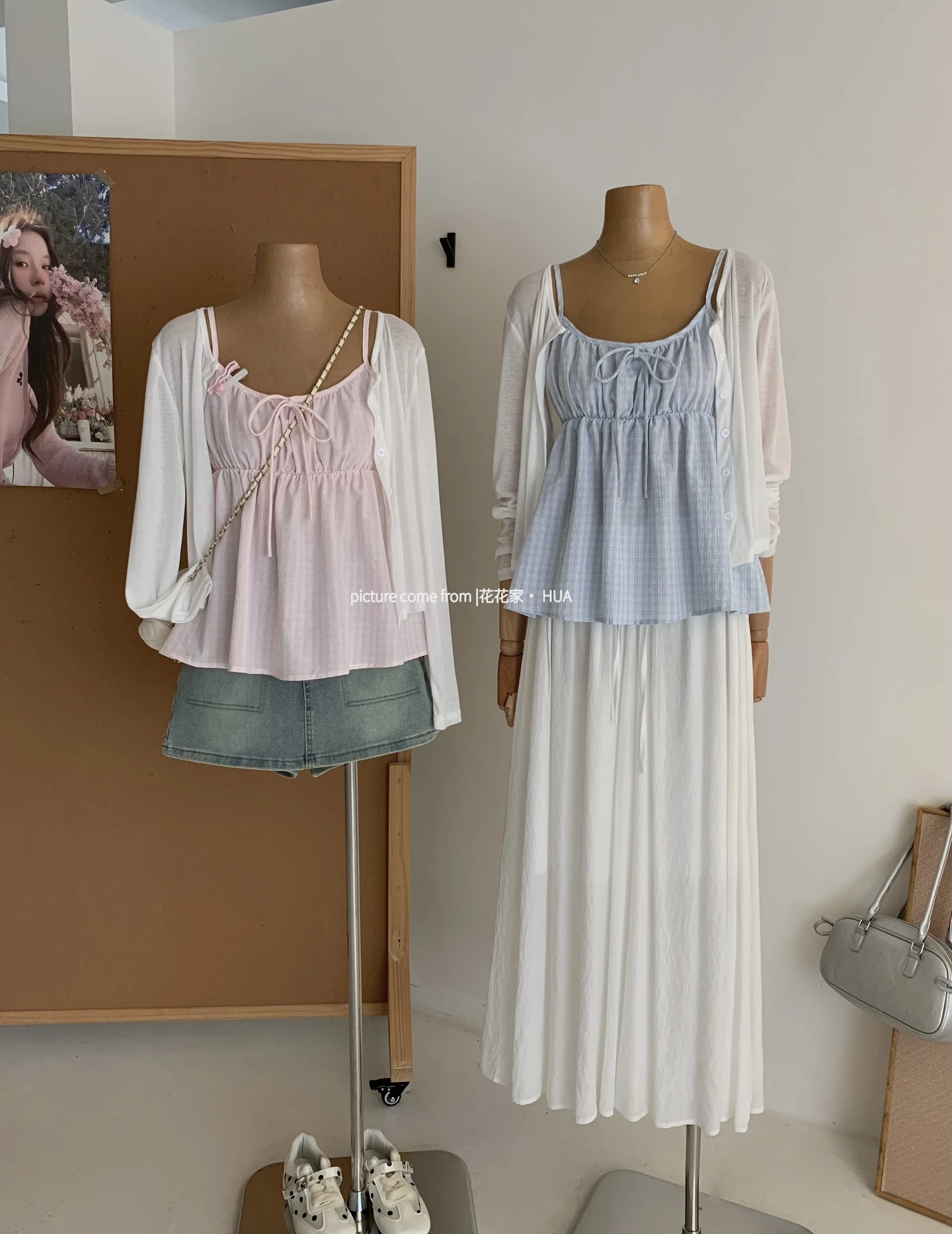 Ying Fashion Shop 復古格紋吊帶背心 格紋吊帶上衣  防曬開衫外套 兩件套上衣