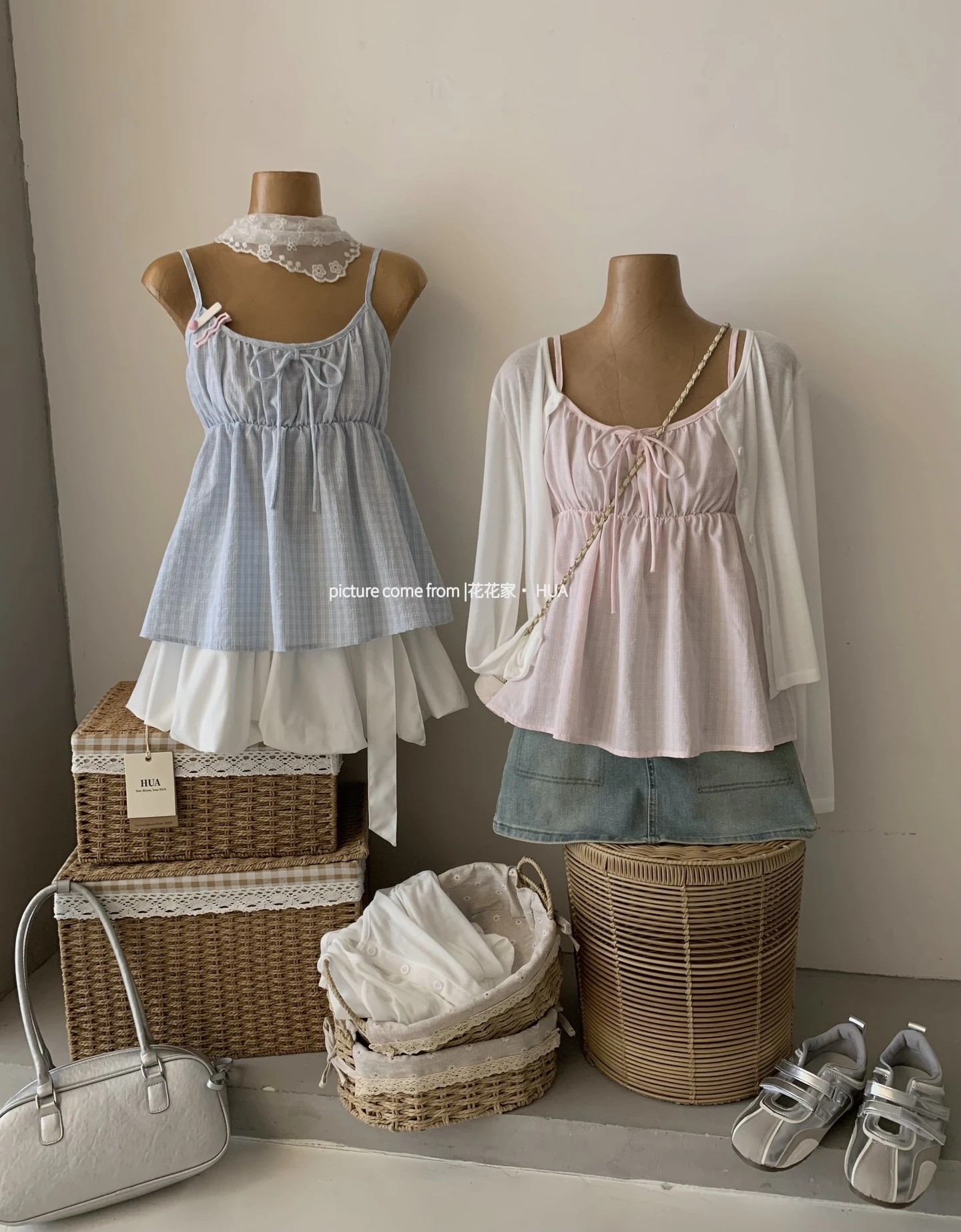 Ying Fashion Shop 復古格紋吊帶背心 格紋吊帶上衣  防曬開衫外套 兩件套上衣