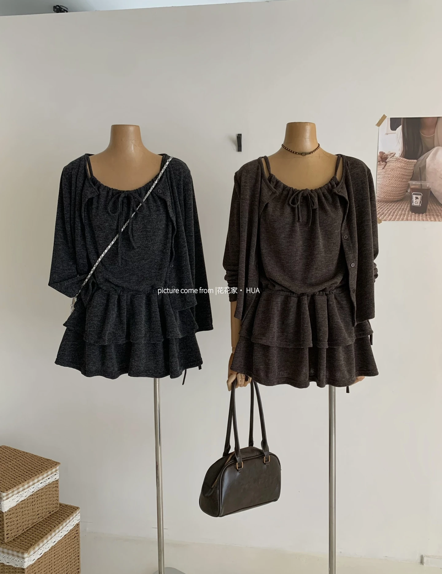 Ying Fashion Shop 氣質針織開衫外套 荷葉邊吊帶連衣裙 兩件式套裝