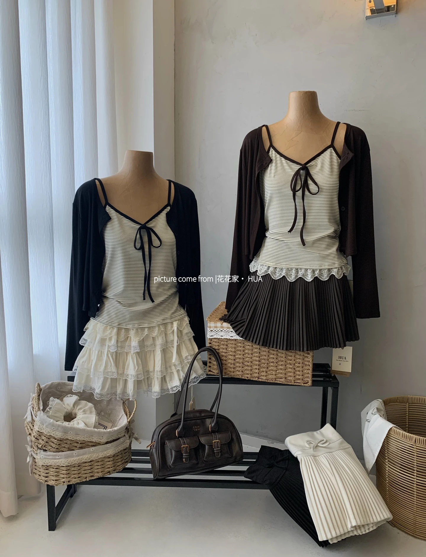 Ying Fashion Shop 秋季新品 條紋吊帶背心 針織開衫外套 V領蕾絲花邊 吊帶背心兩件套