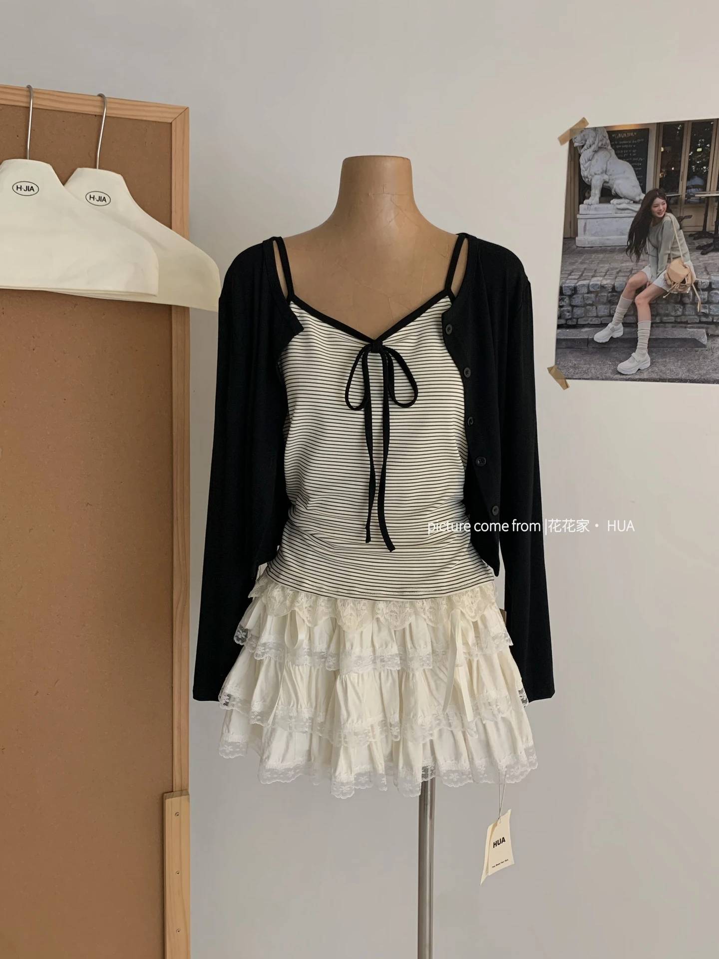 Ying Fashion Shop 秋季新品 條紋吊帶背心 針織開衫外套 V領蕾絲花邊 吊帶背心兩件套