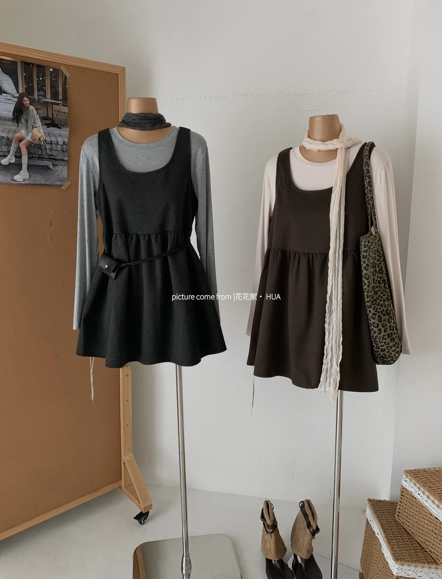 Ying Fashion Shop 復古小個子穿搭 圓領長袖上衣 A字蓬蓬裙 吊帶背心群 兩件式套裝