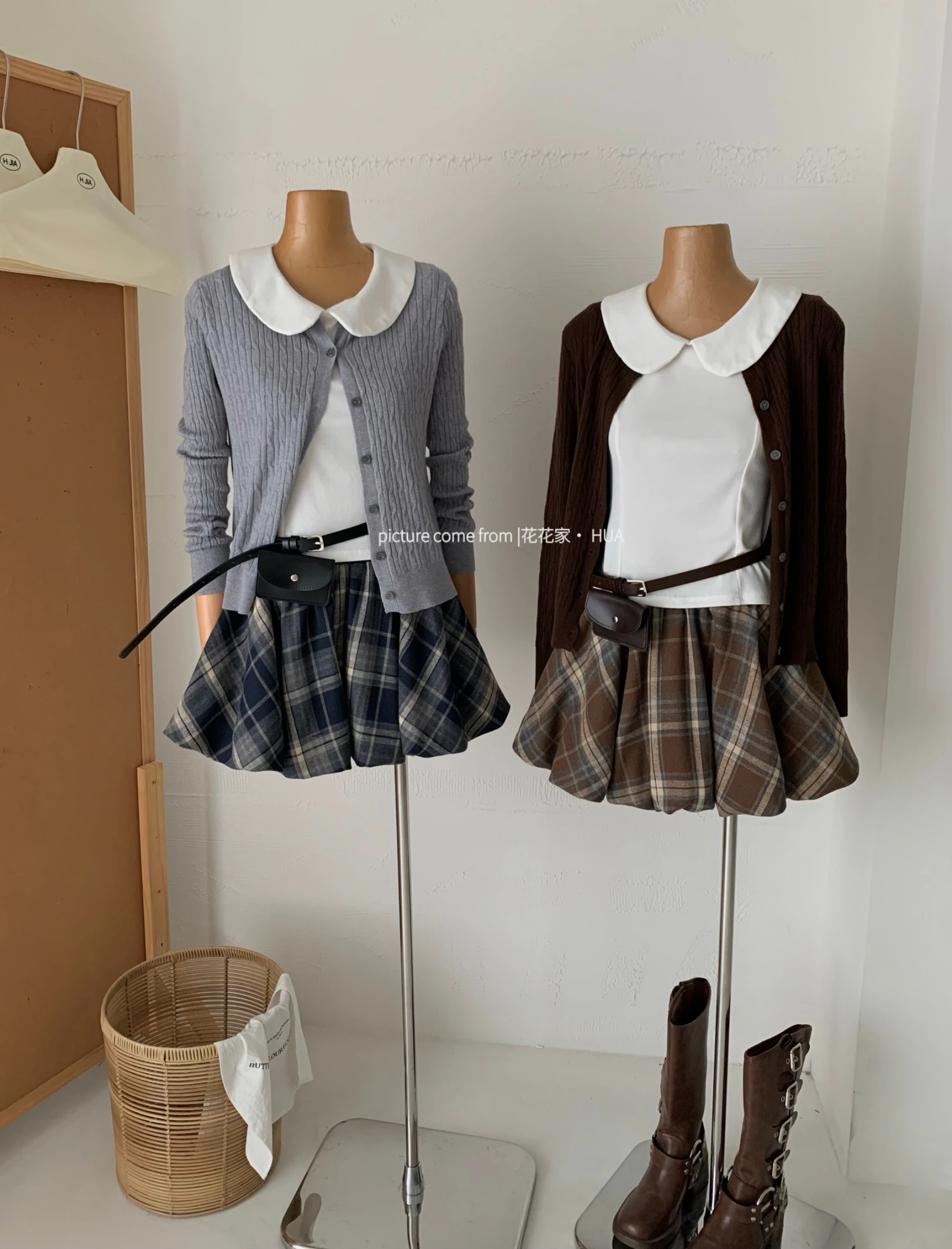 Ying Fashion Shop 減齡甜美風 娃娃領長袖 修身顯瘦 POLO上衣 格紋短裙 三件式套裝