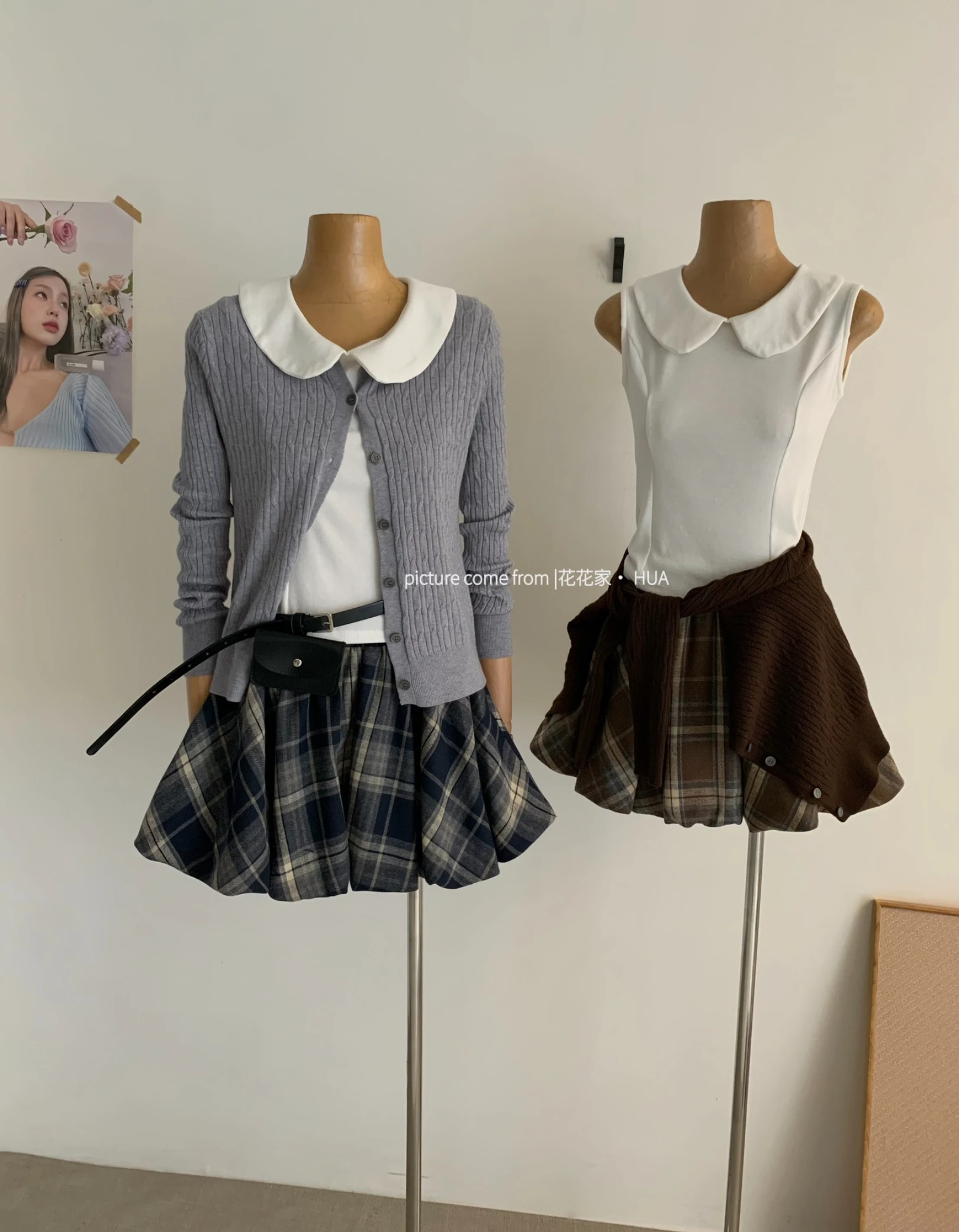 Ying Fashion Shop  減齡甜美風 娃娃領長袖 修身顯瘦 POLO上衣 格紋短裙 三件式套裝