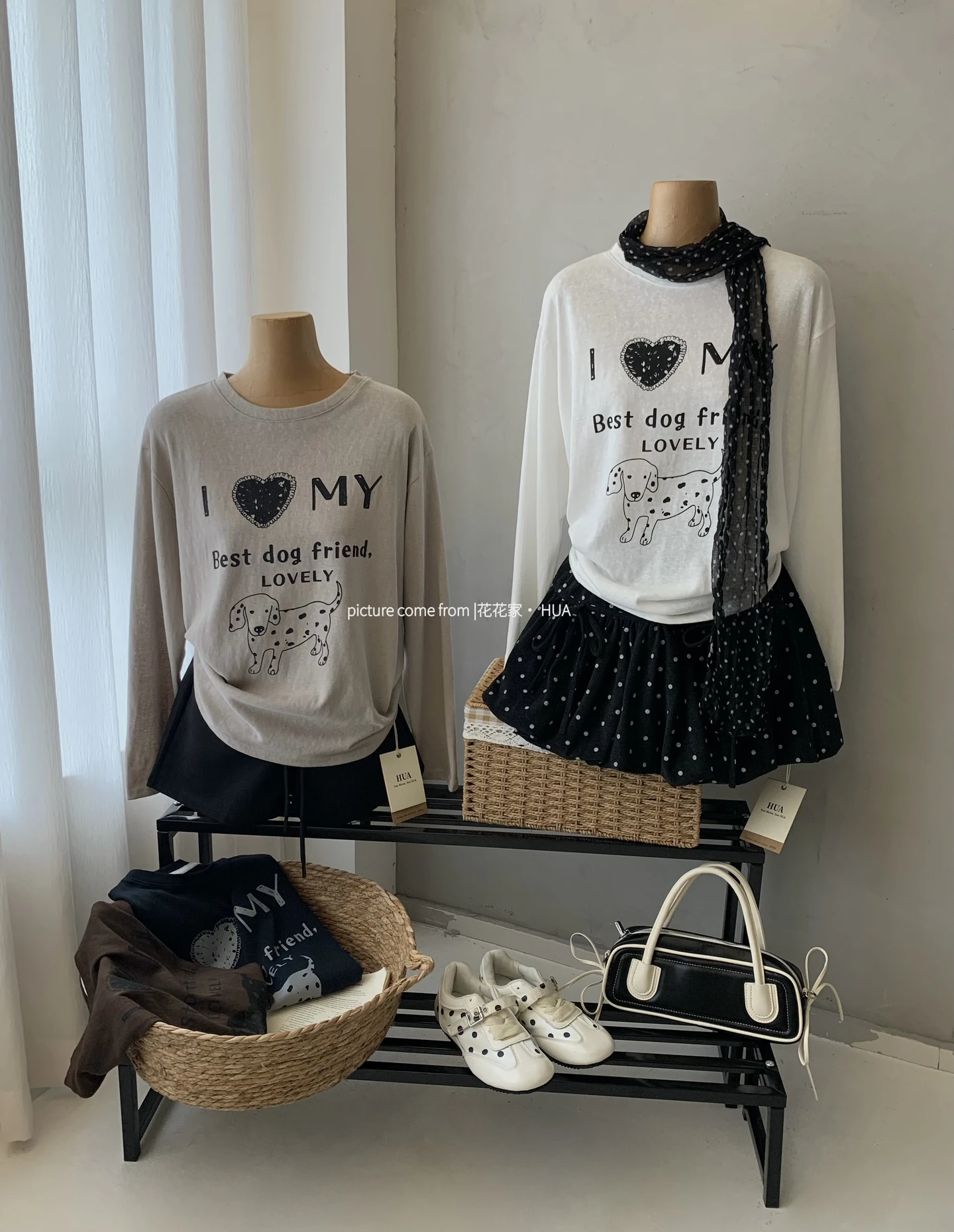 Ying Fashion Shop 卡通小狗T恤 字母印花 長袖上衣 打底長袖上衣 寬鬆百搭 長袖T恤
