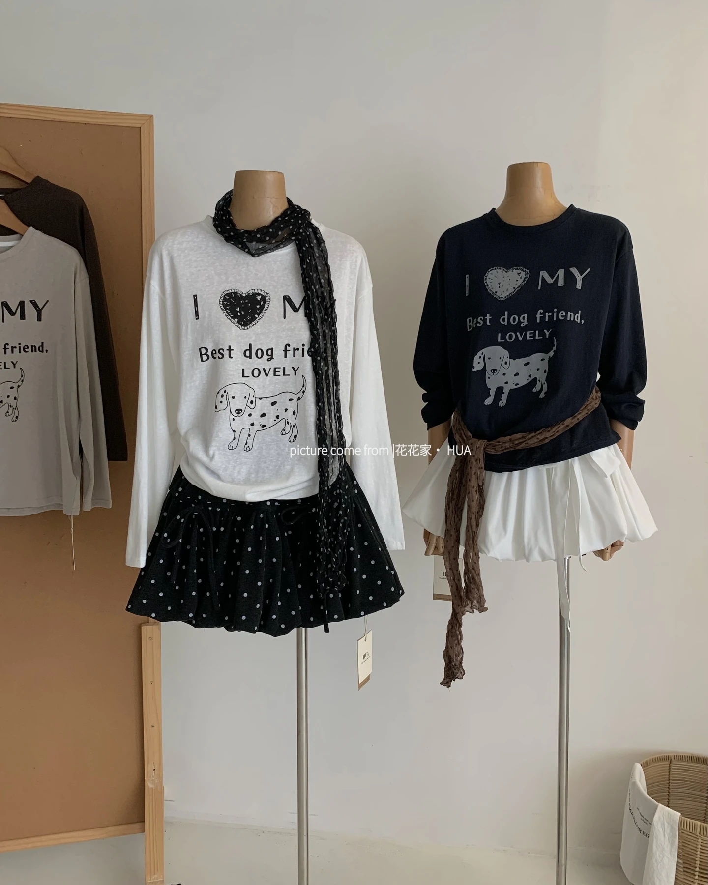 Ying Fashion Shop 卡通小狗T恤 字母印花 長袖上衣 打底長袖上衣 寬鬆百搭 長袖T恤