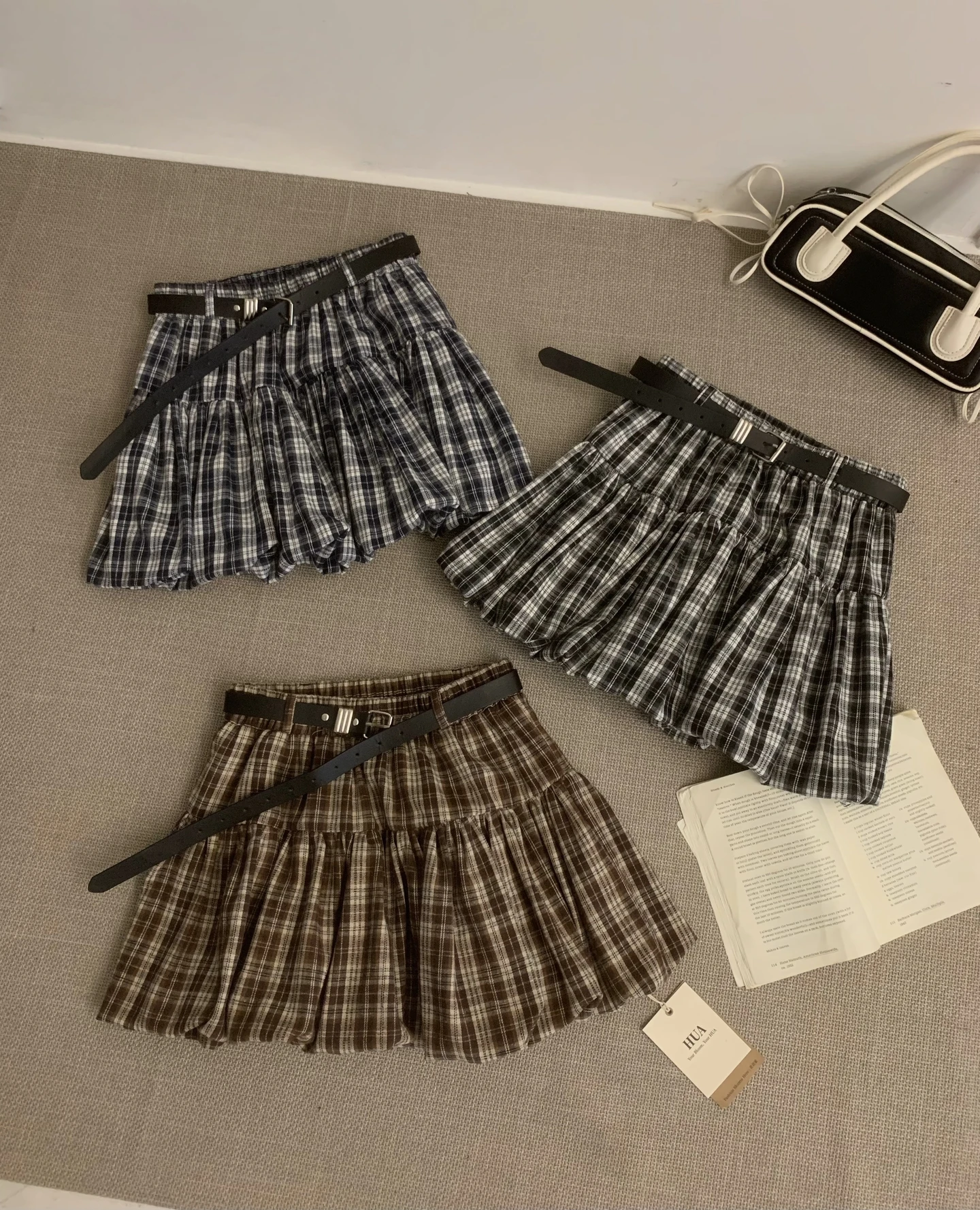 Ying Fashion Shop 學院風 格紋花苞短裙 高腰A字格紋短裙 格紋短裙