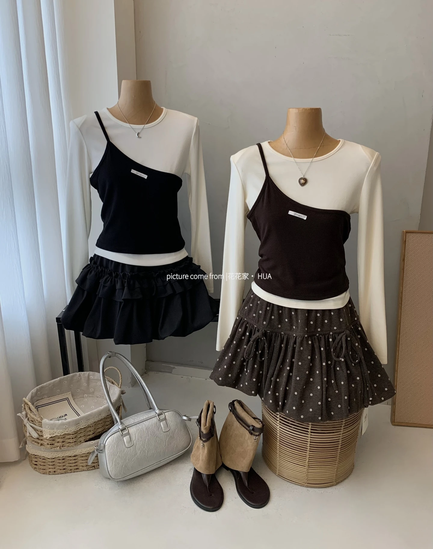 Ying Fashion Shop 設計感吊帶針織上衣 修身短版 長袖打底上衣 辣妹疊穿兩件套